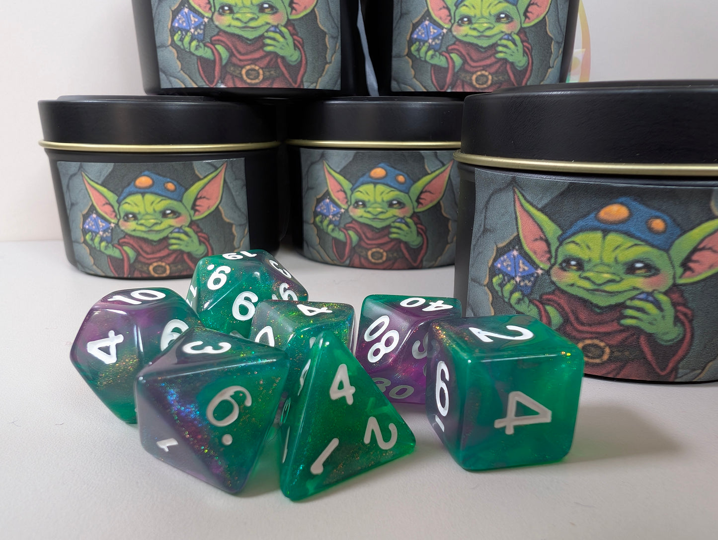 Mystery Dice Tin for Dice Goblins β Standard or Sparkly Surprise dice.