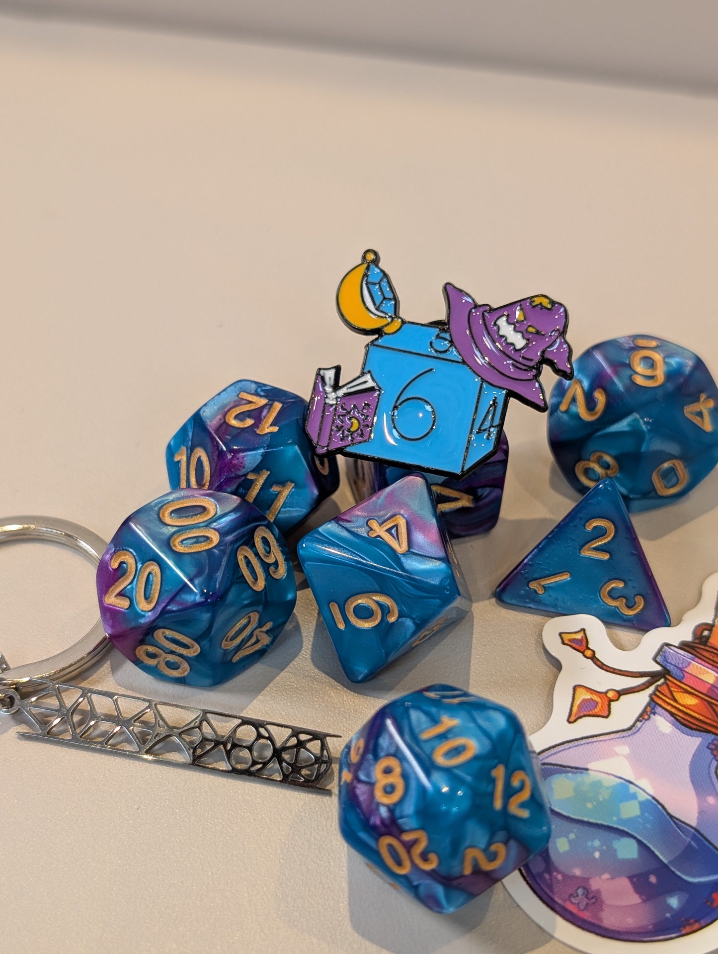 Wizard Dice Pack – Polyhedral Dice Set with Sticker, keyring, and Badge!