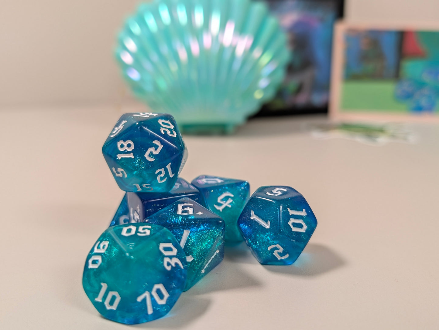 Mythical Seashore Dice Gift Box – Blue & Teal Polyhedral Dice in Seashell Case!
