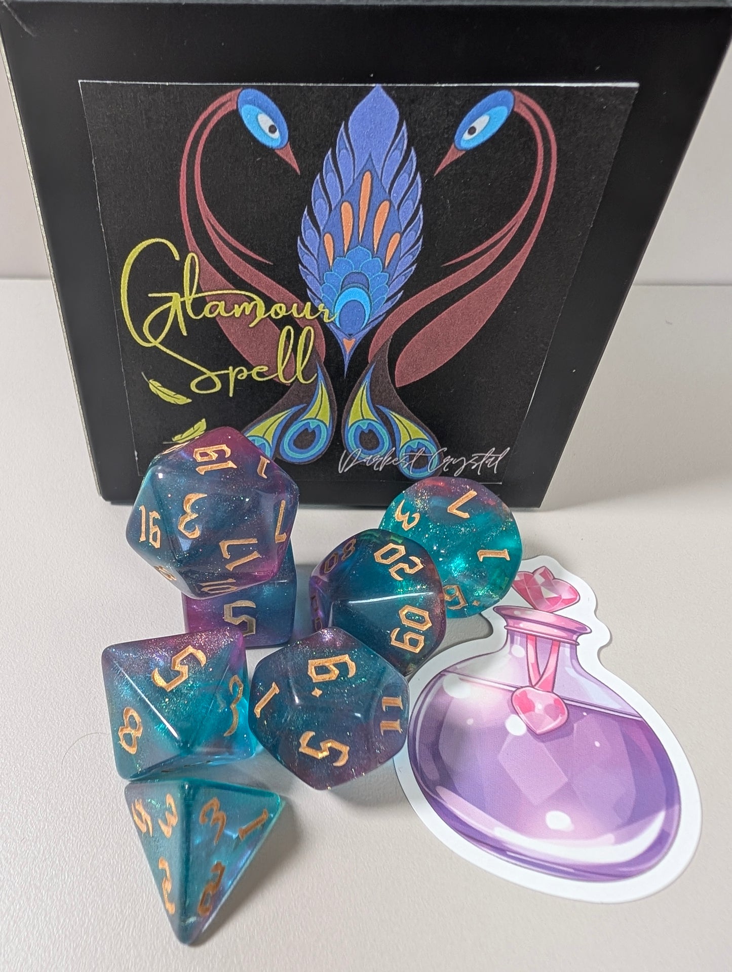 Glamour Spell Dice Gift Set – Iridescent Dice in Peacock design with Treasure Chest Shaker Box!