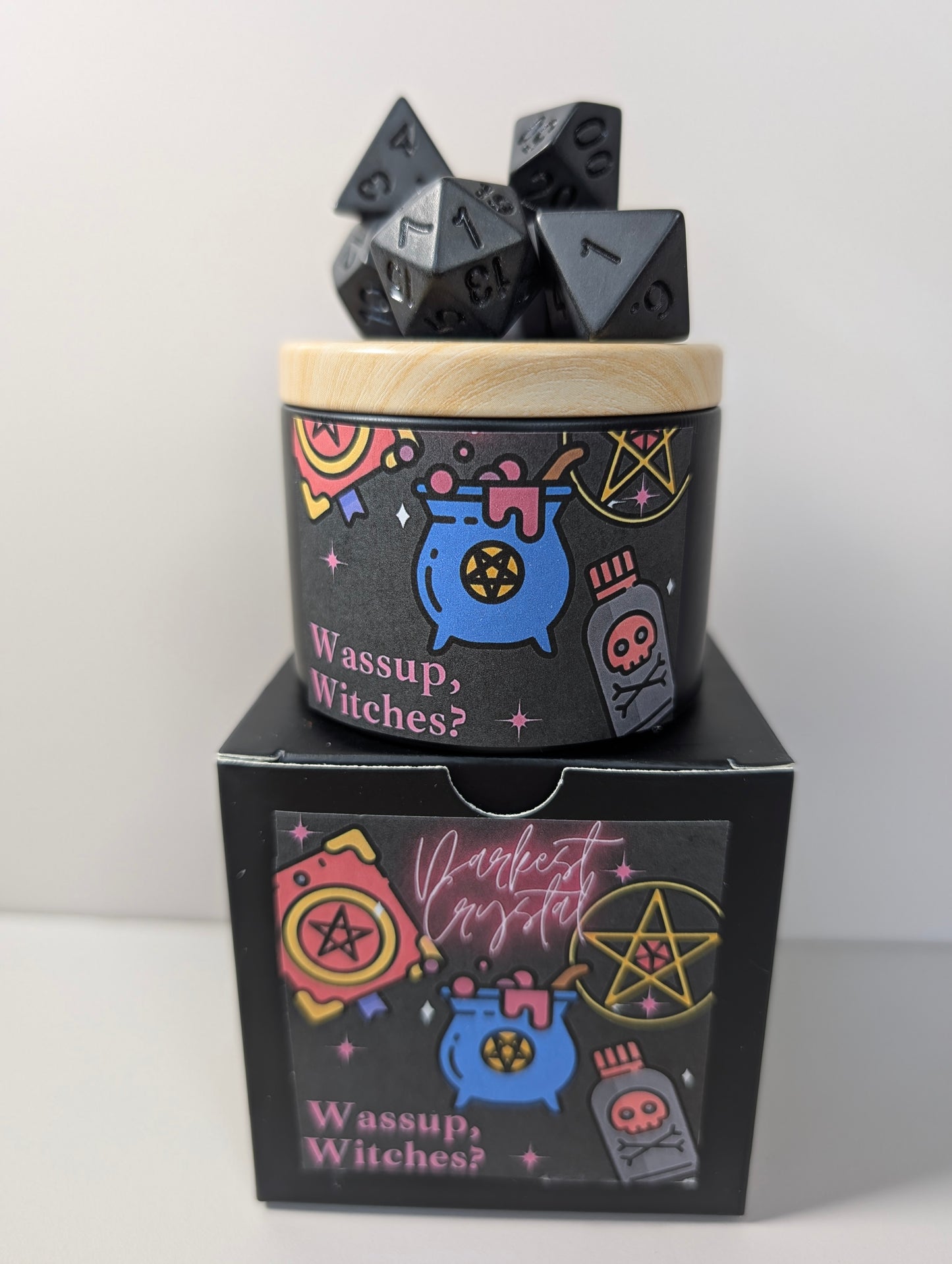 Wassup Witches Dice Gift Box – Matte Black Dice in Witchy Cauldron Box with Shaker Tin!