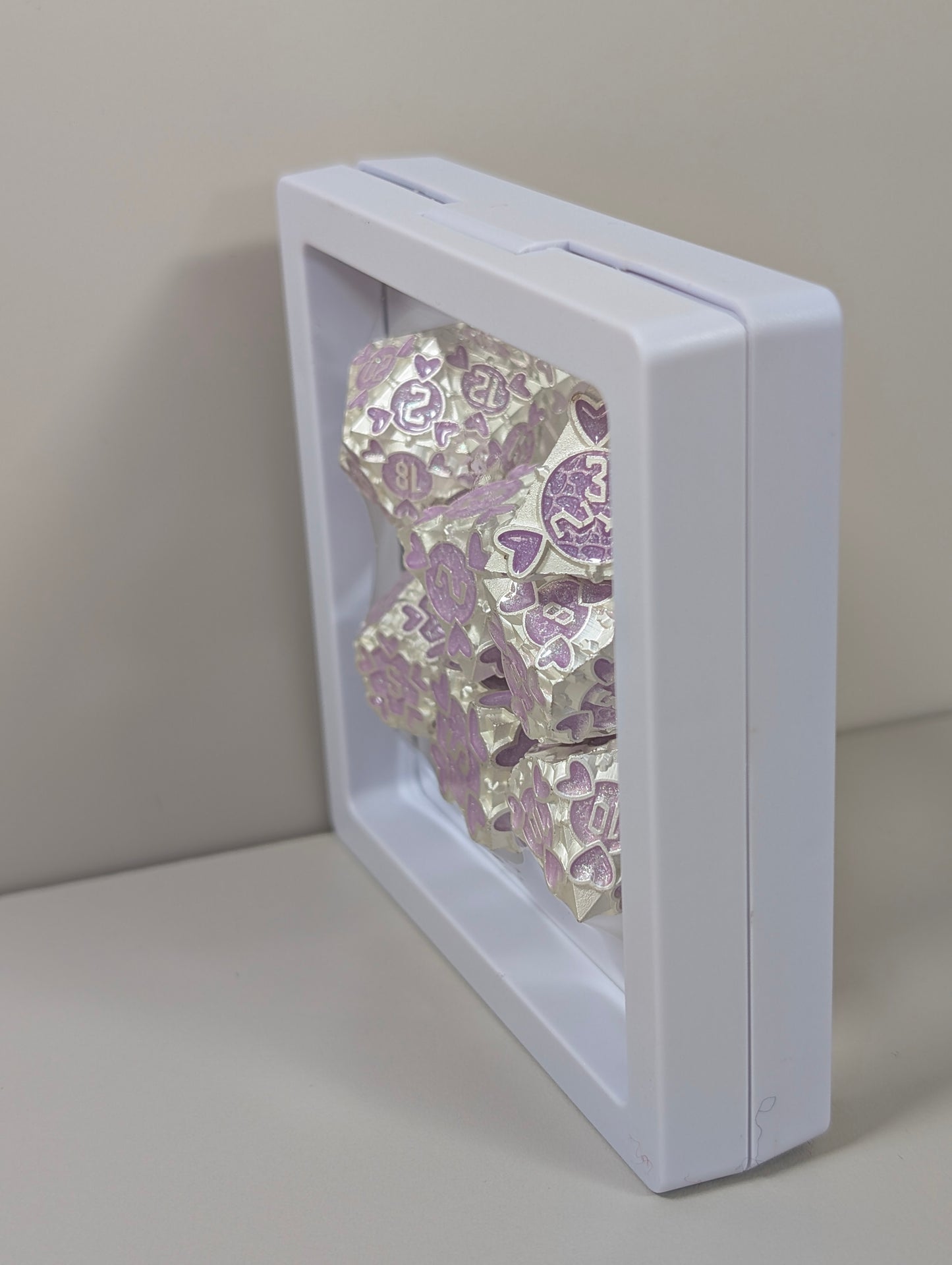 Enchanted Heart Metal Dice Set – Purple Heart Accents in Floating Display Case!