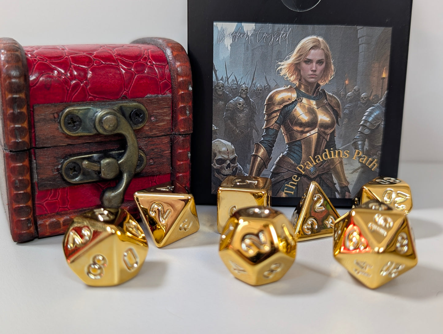 Paladin’s Path Dice Gift Set – Gold Polyhedral Dice in Mini Leatherette Trunk Chest!