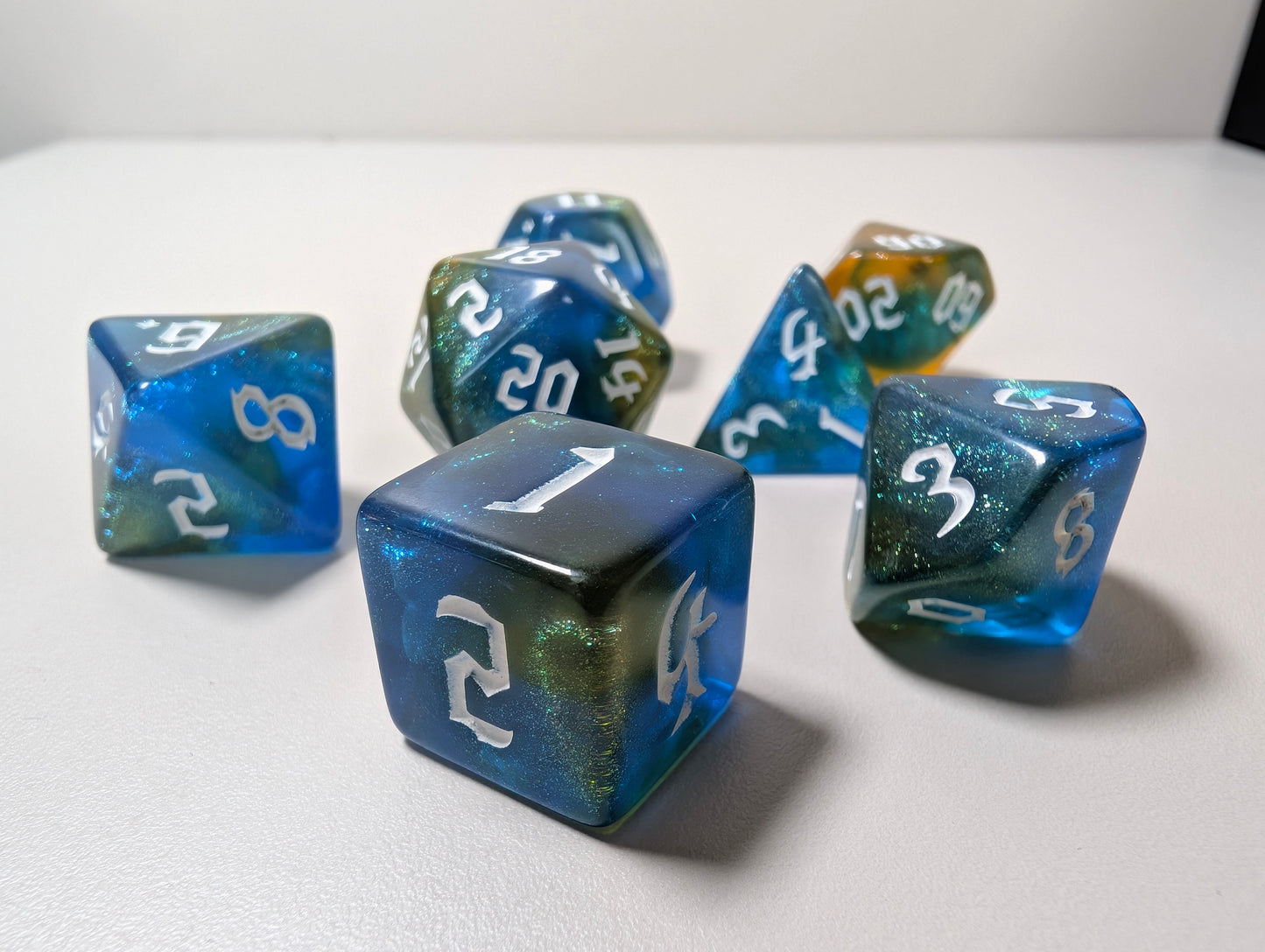 Forest Maiden Dice Gift Set – Green, Blue & Yellow Dice in Gold Ornate Box with Forest Gift Box!