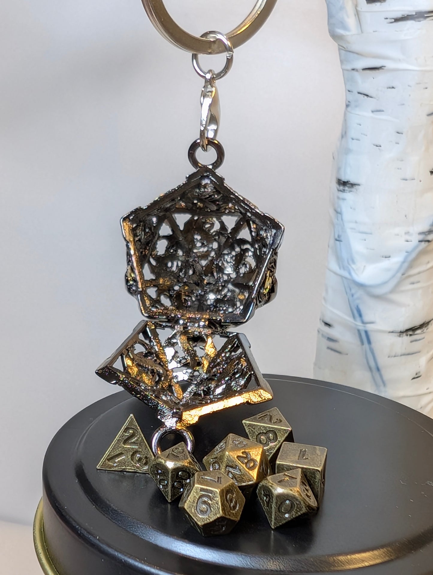 Gilded Void Hollow Metal Dice Set D20 Keychain –antique gold metal mini RPG Dice