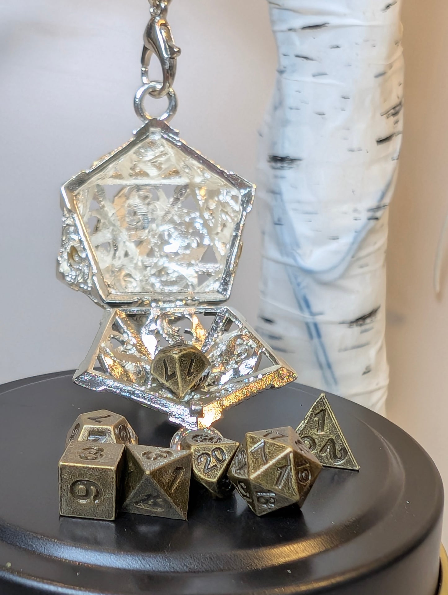 Gilded Void Hollow Metal Dice Set & D20 Keychain – silver metal mini RPG Dice