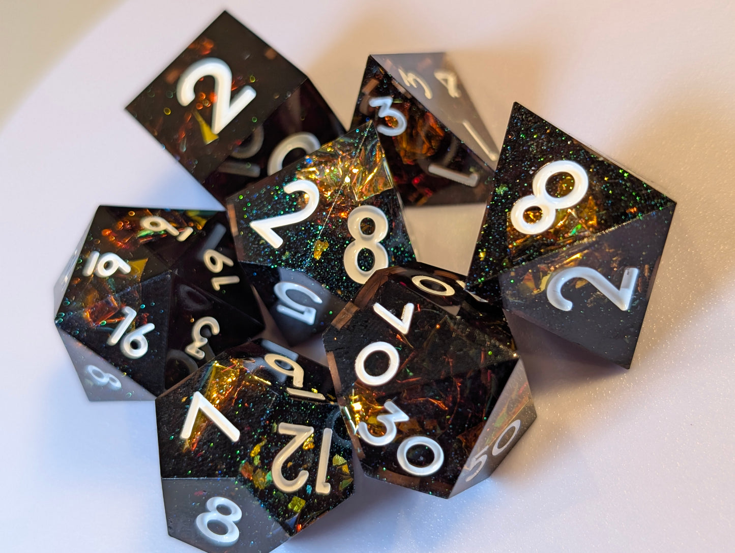 Cosmos ttrpg Dice Set – Black Resin Polyhedral Dice with Iridescent Sparkles