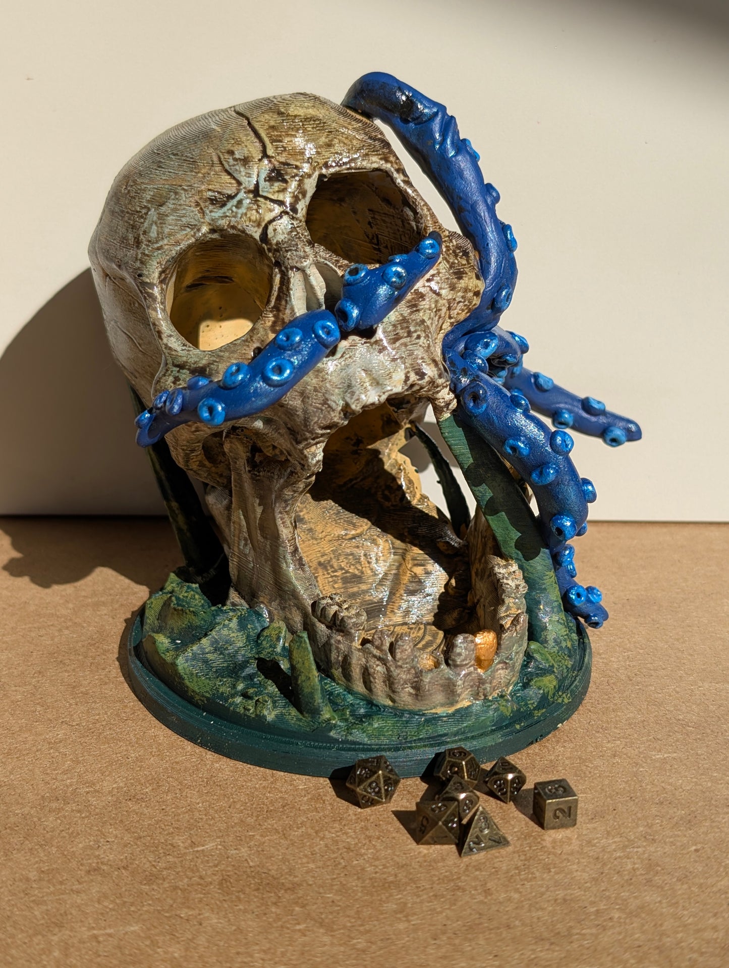 TTRPG accessories, miniature dice tower, skull with tentacles. gift ideas for geeks & gamers
