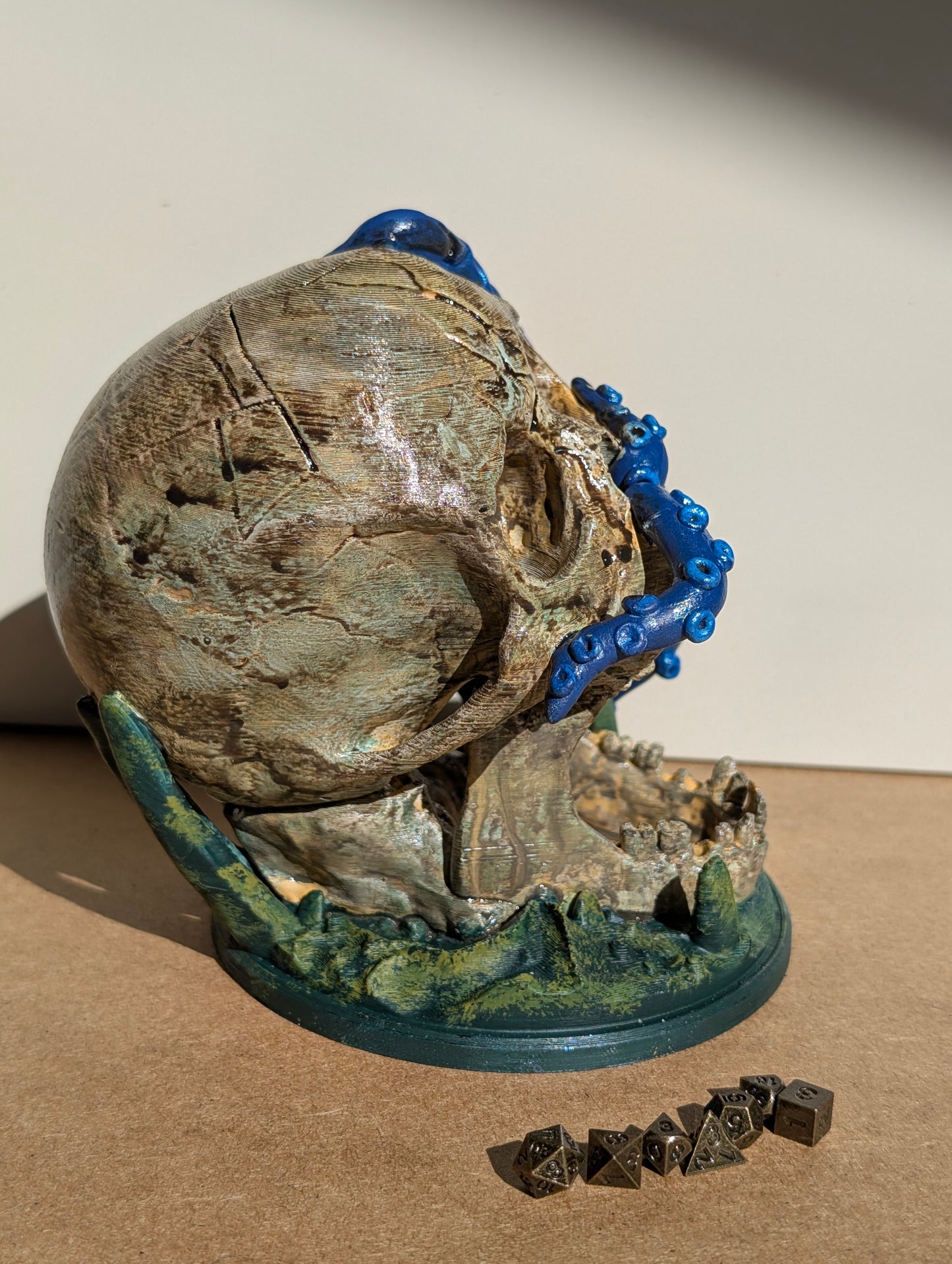 TTRPG accessories, miniature dice tower, skull with tentacles. gift ideas for geeks & gamers