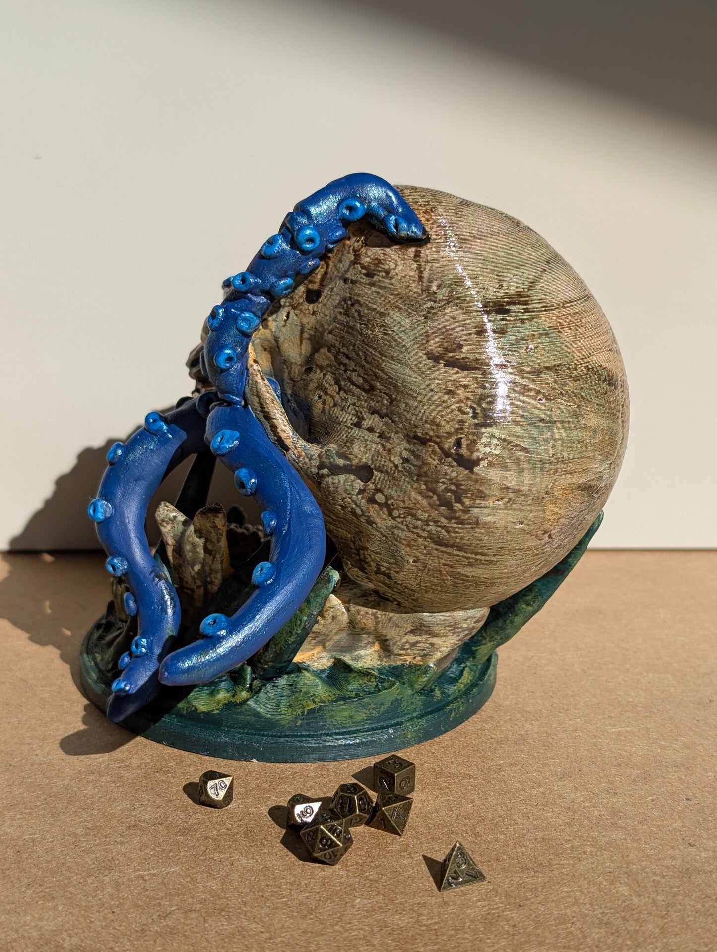 TTRPG accessories, miniature dice tower, skull with tentacles. gift ideas for geeks & gamers
