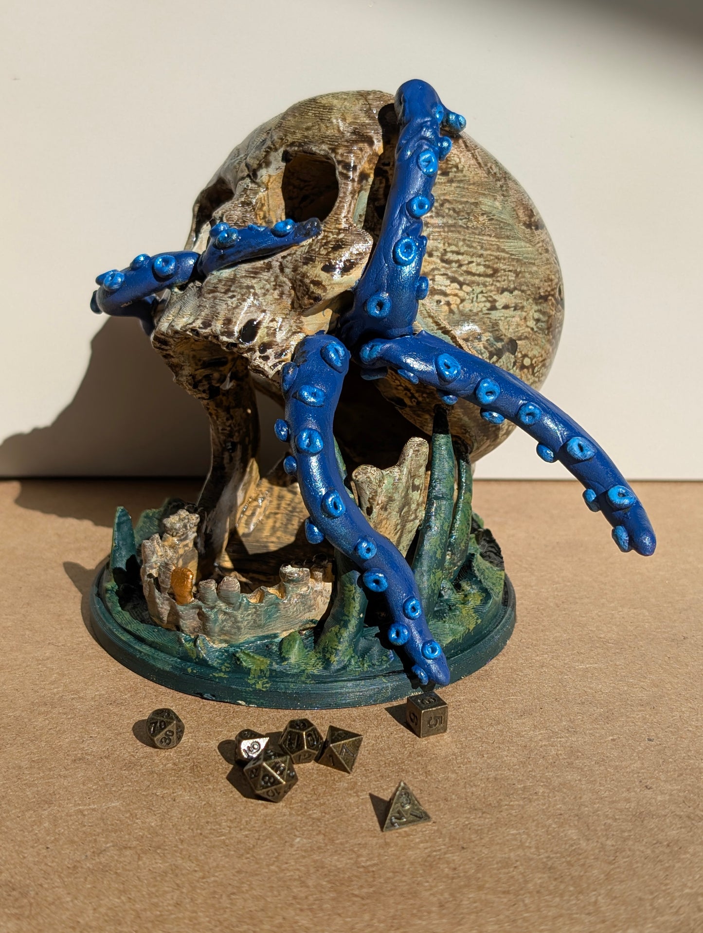 TTRPG accessories, miniature dice tower, skull with tentacles. gift ideas for geeks & gamers
