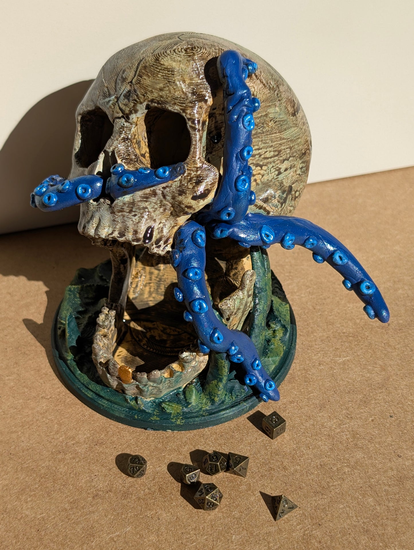 TTRPG accessories, miniature dice tower, skull with tentacles. gift ideas for geeks & gamers