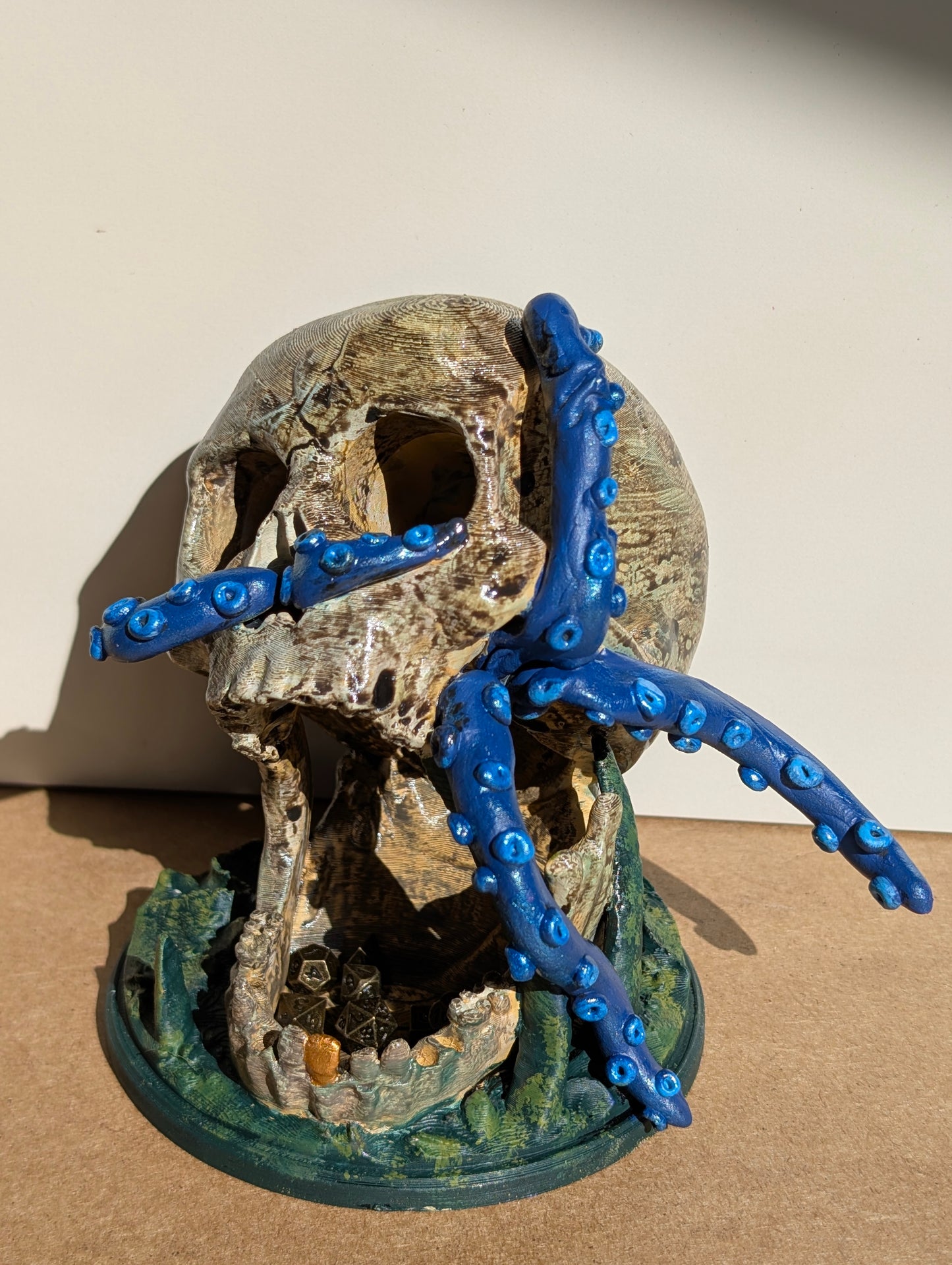 TTRPG accessories, miniature dice tower, skull with tentacles. gift ideas for geeks & gamers