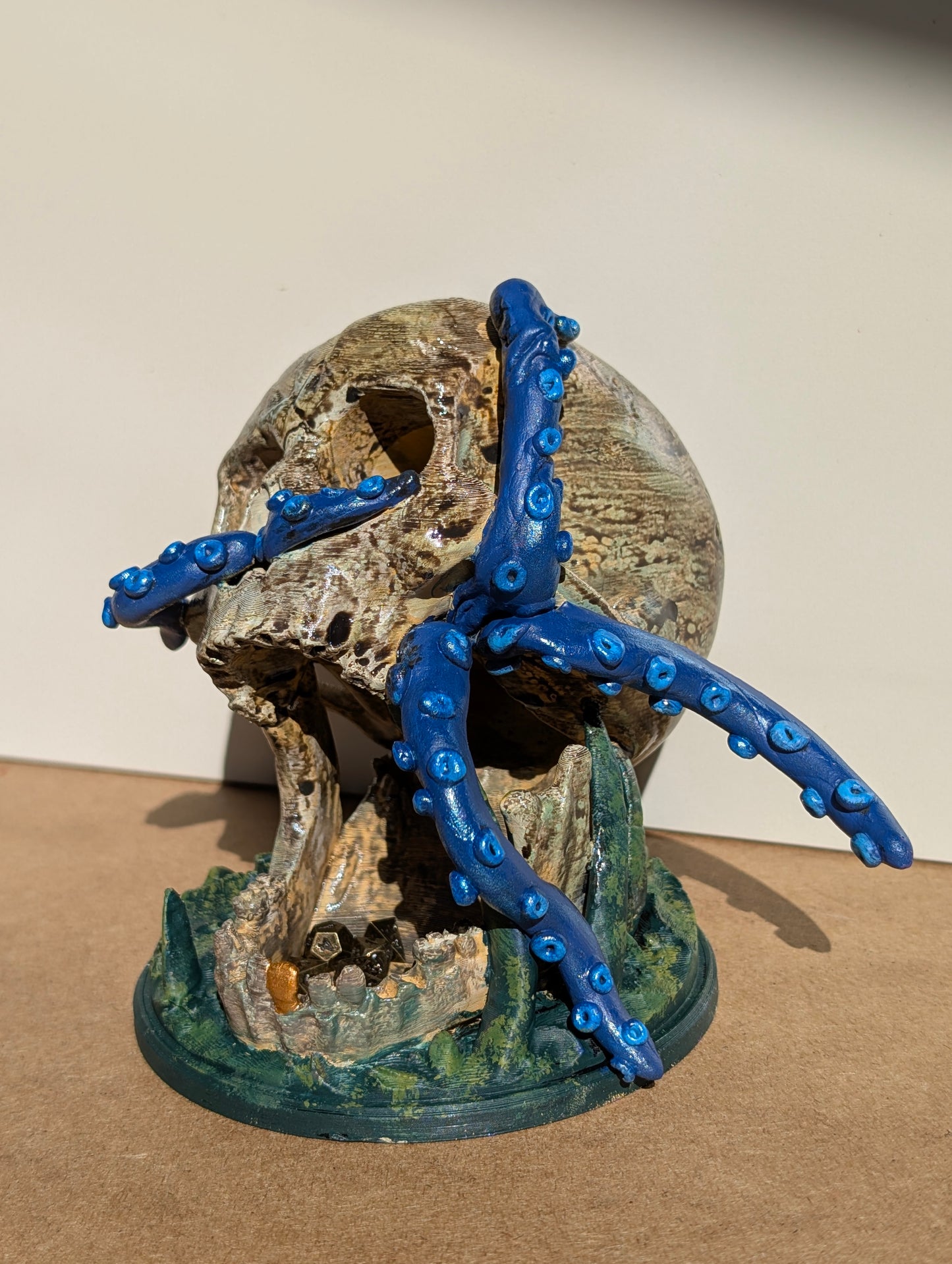 TTRPG accessories, miniature dice tower, skull with tentacles. gift ideas for geeks & gamers