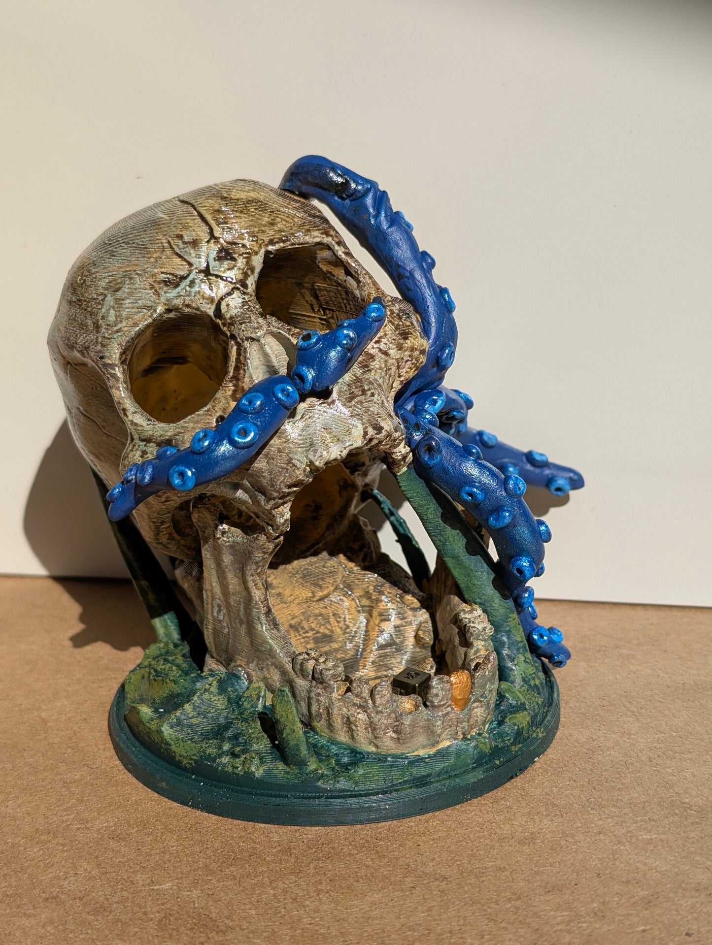 TTRPG accessories, miniature dice tower, skull with tentacles. gift ideas for geeks & gamers