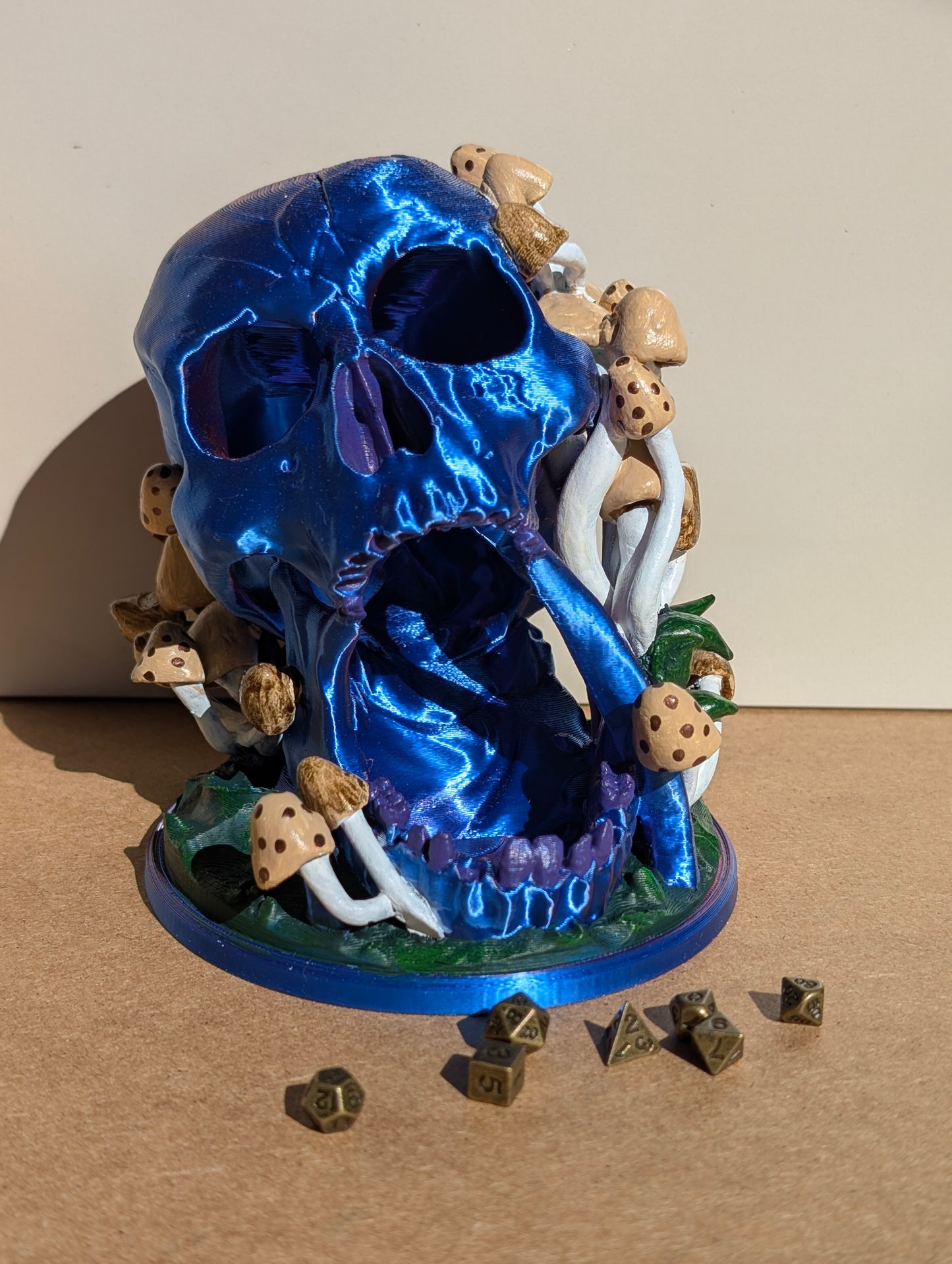 TTRPG accessories, miniature dice tower, skull in nature with shrooms. gift ideas for geeks & gamers