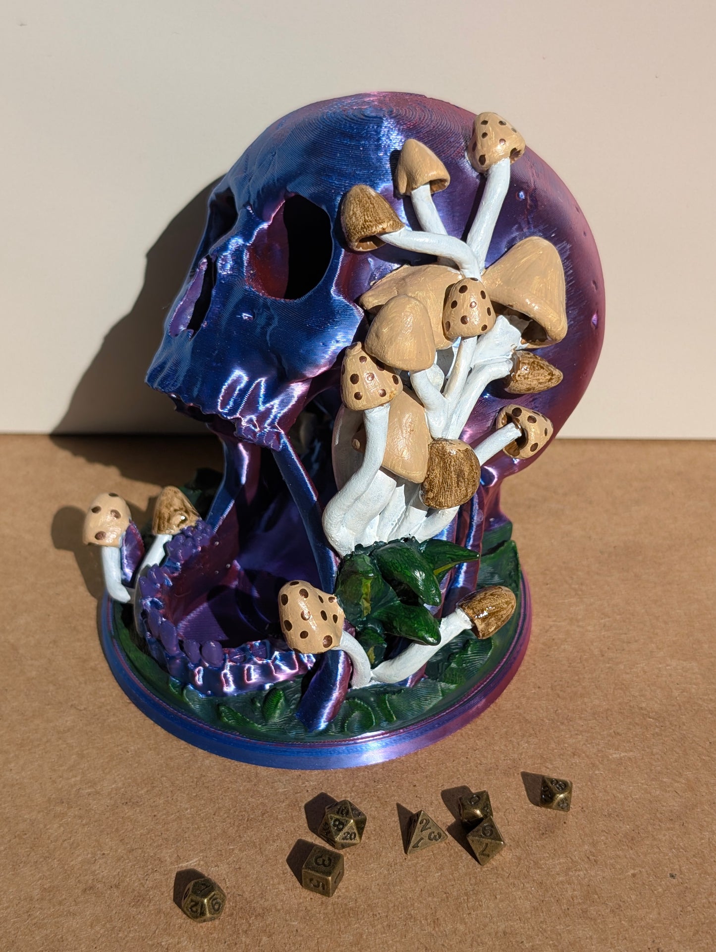 TTRPG accessories, miniature dice tower, skull in nature with shrooms. gift ideas for geeks & gamers
