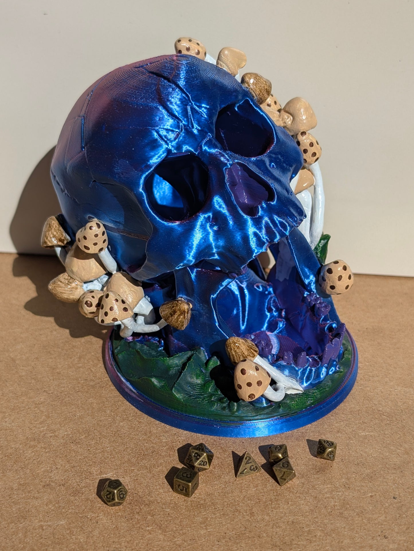 TTRPG accessories, miniature dice tower, skull in nature with shrooms. gift ideas for geeks & gamers