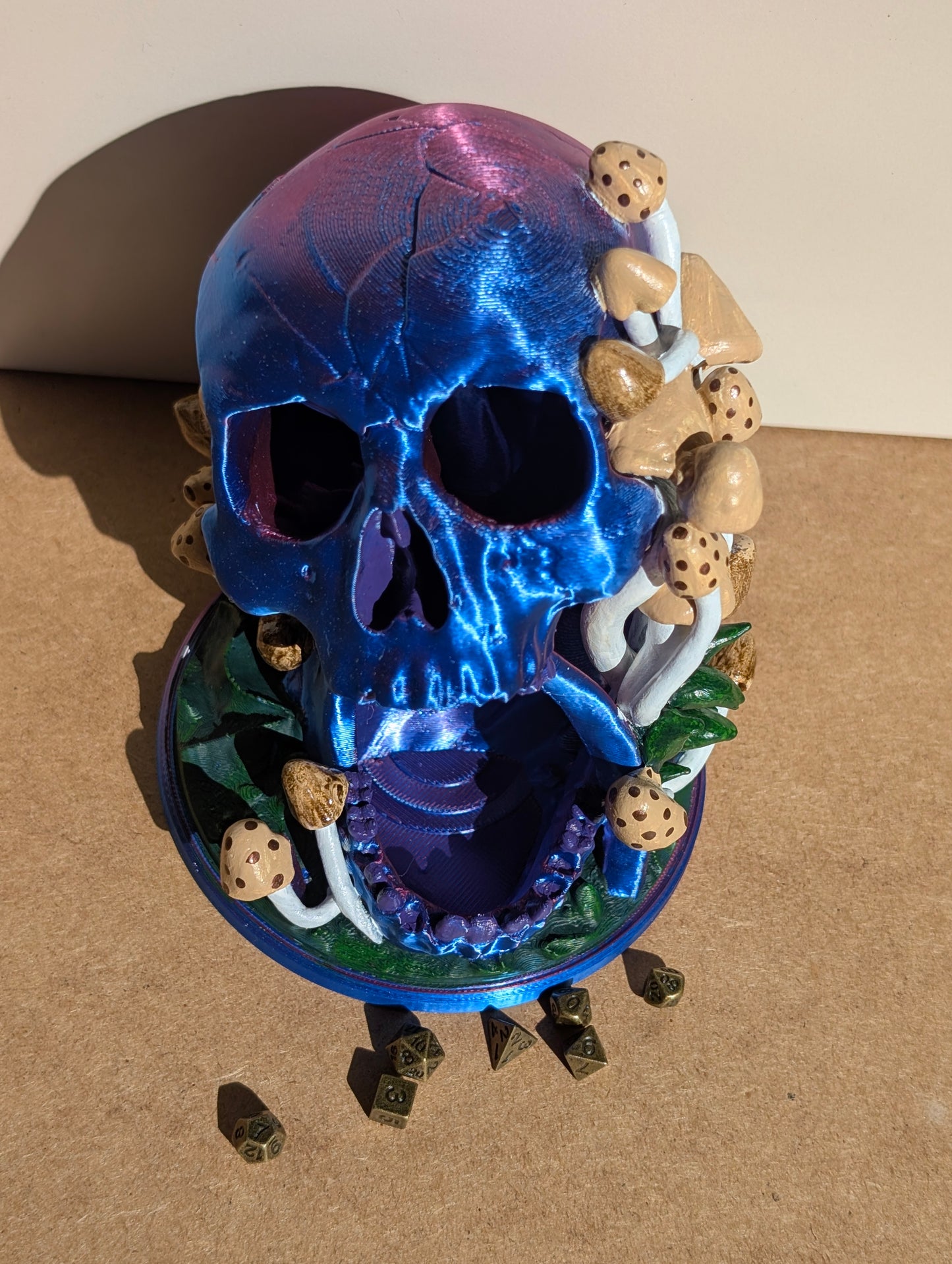 TTRPG accessories, miniature dice tower, skull in nature with shrooms. gift ideas for geeks & gamers