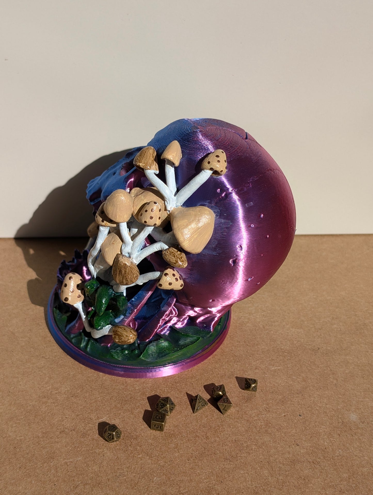 TTRPG accessories, miniature dice tower, skull in nature with shrooms. gift ideas for geeks & gamers