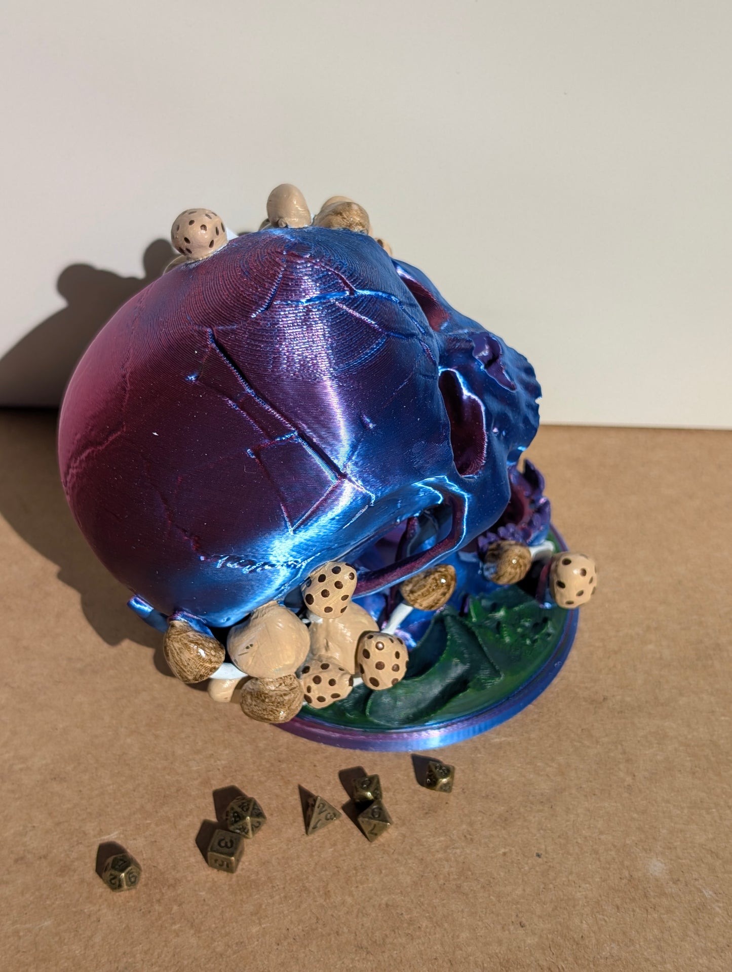 TTRPG accessories, miniature dice tower, skull in nature with shrooms. gift ideas for geeks & gamers