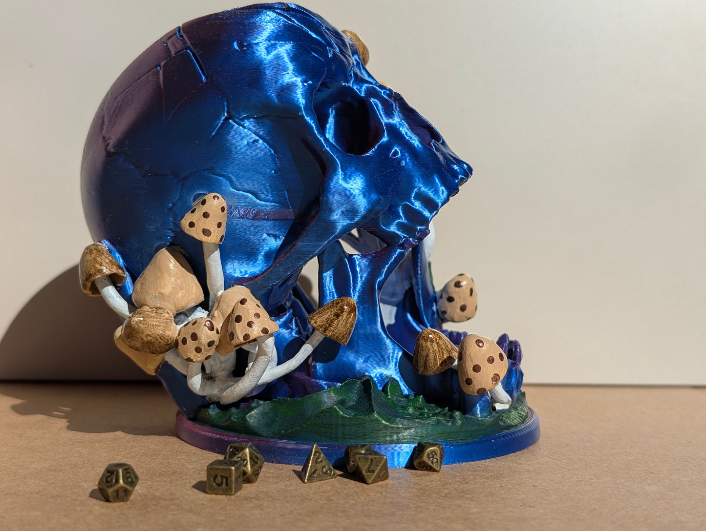 TTRPG accessories, miniature dice tower, skull in nature with shrooms. gift ideas for geeks & gamers