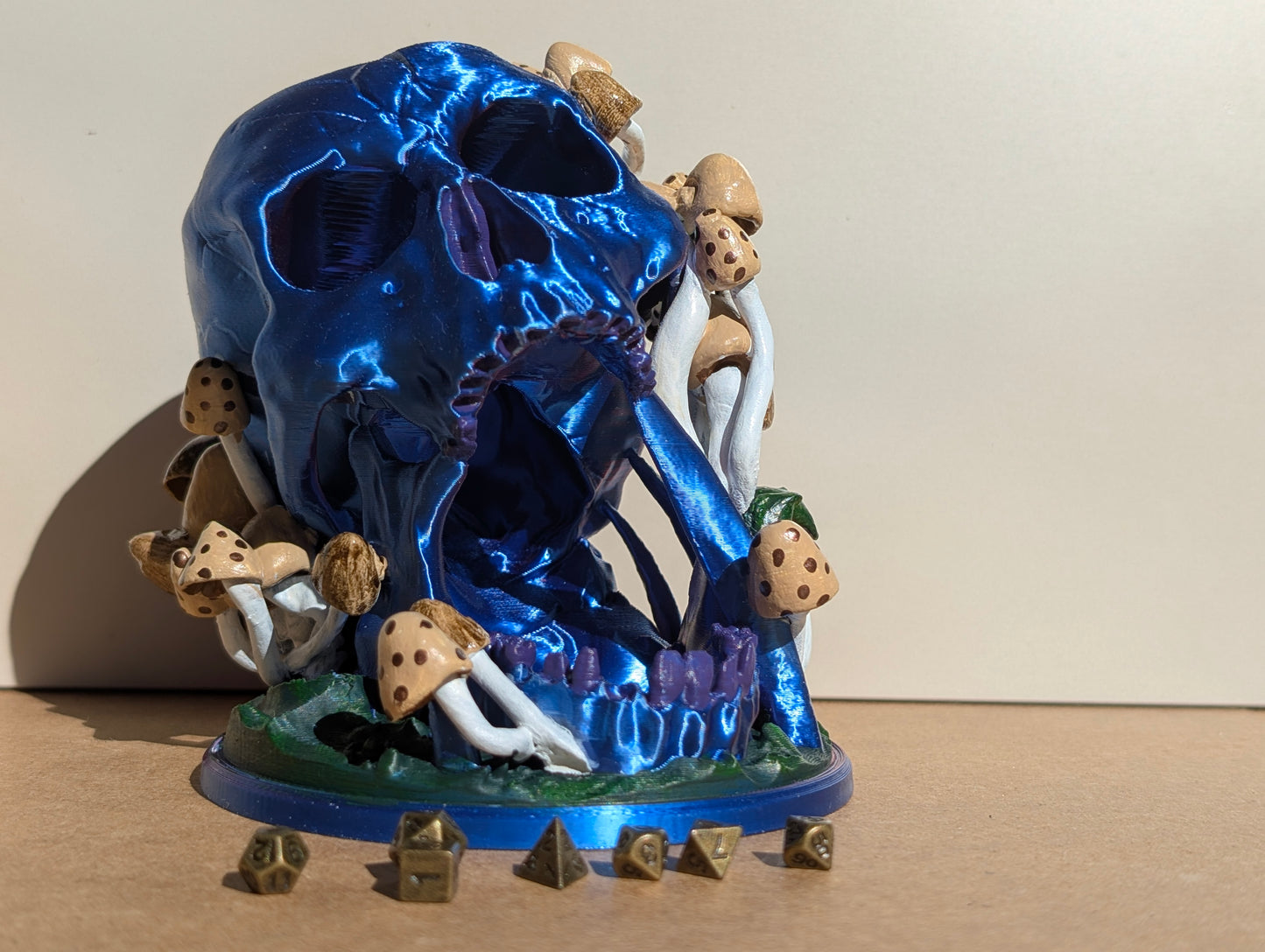 TTRPG accessories, miniature dice tower, skull in nature with shrooms. gift ideas for geeks & gamers