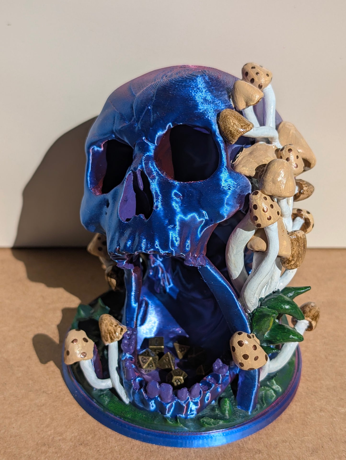 TTRPG accessories, miniature dice tower, skull in nature with shrooms. gift ideas for geeks & gamers