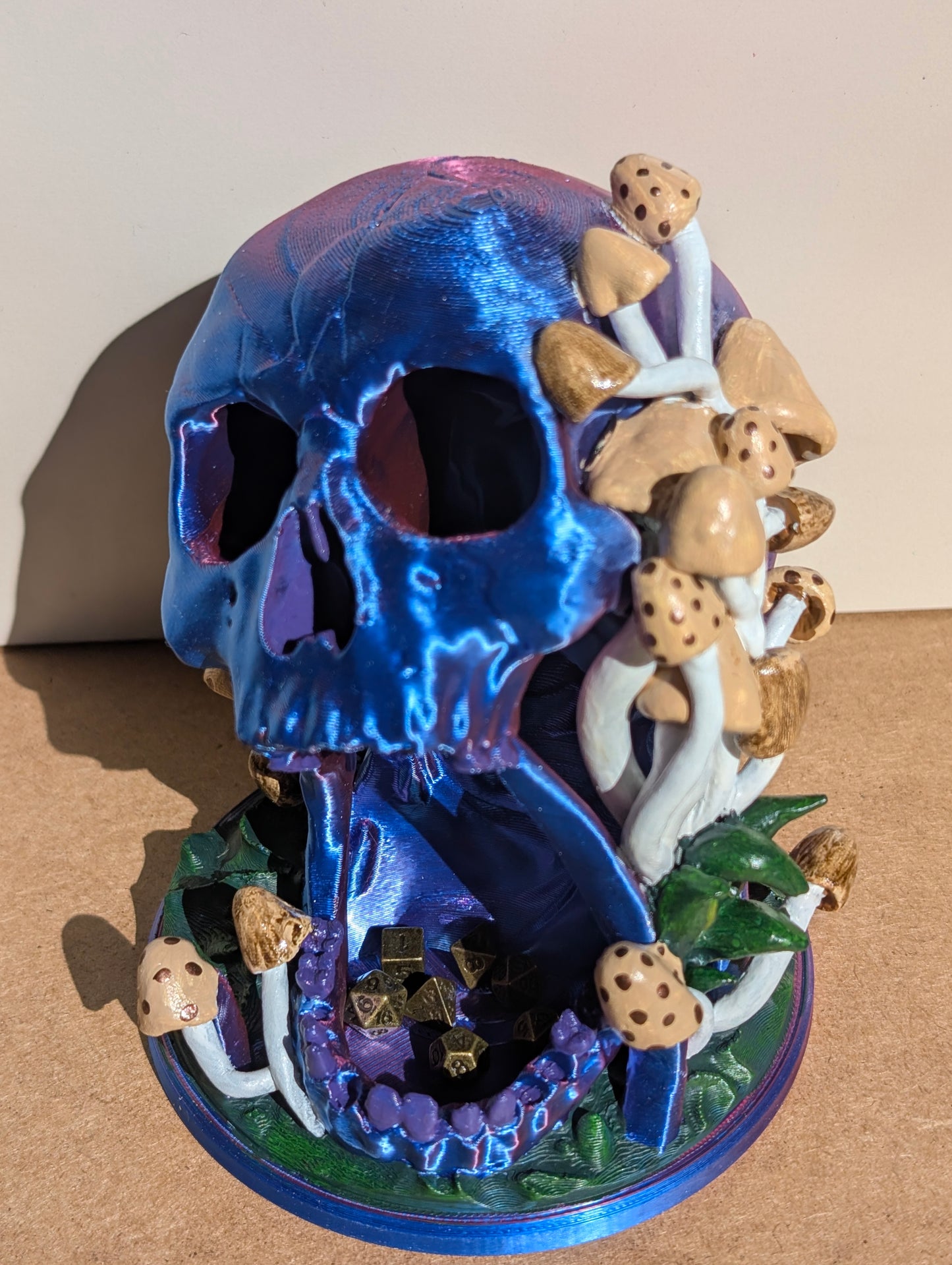 TTRPG accessories, miniature dice tower, skull in nature with shrooms. gift ideas for geeks & gamers