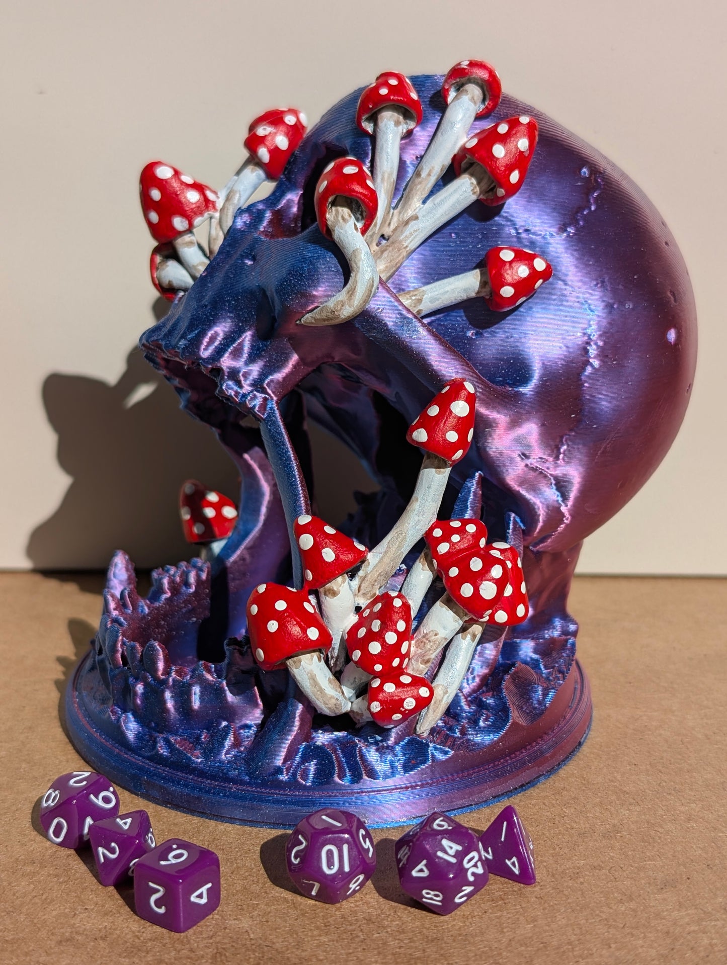 TTRPG accessories, miniature dice tower, skull in nature with shrooms. gift ideas for geeks & gamers