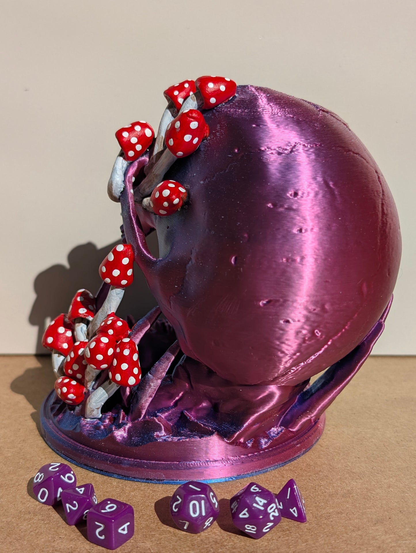 TTRPG accessories, miniature dice tower, skull in nature with shrooms. gift ideas for geeks & gamers