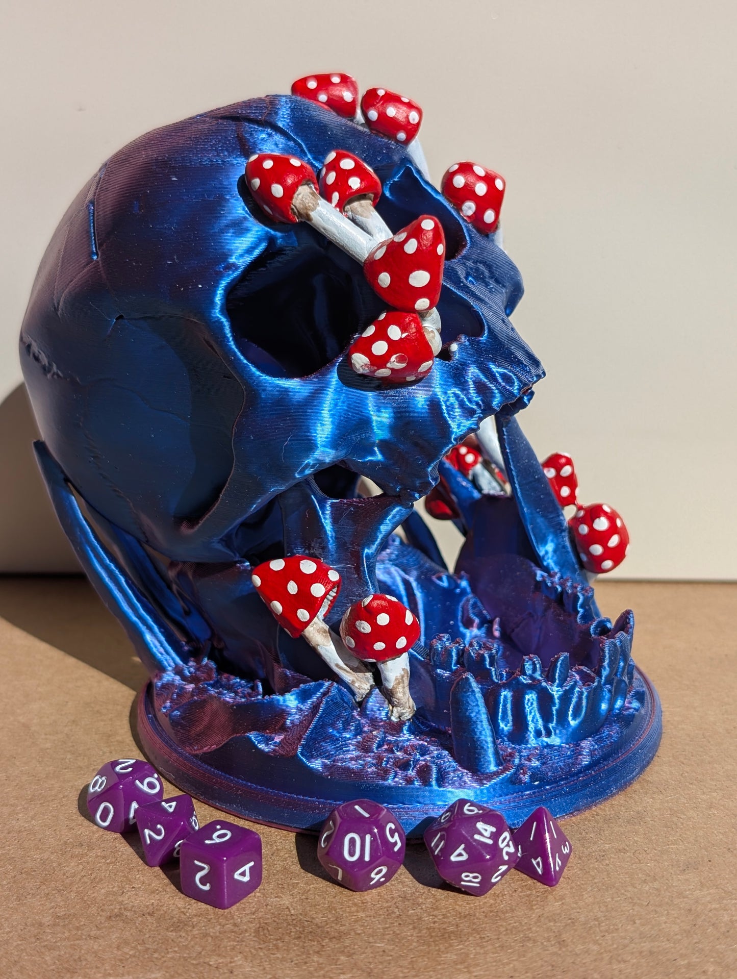 TTRPG accessories, miniature dice tower, skull in nature with shrooms. gift ideas for geeks & gamers