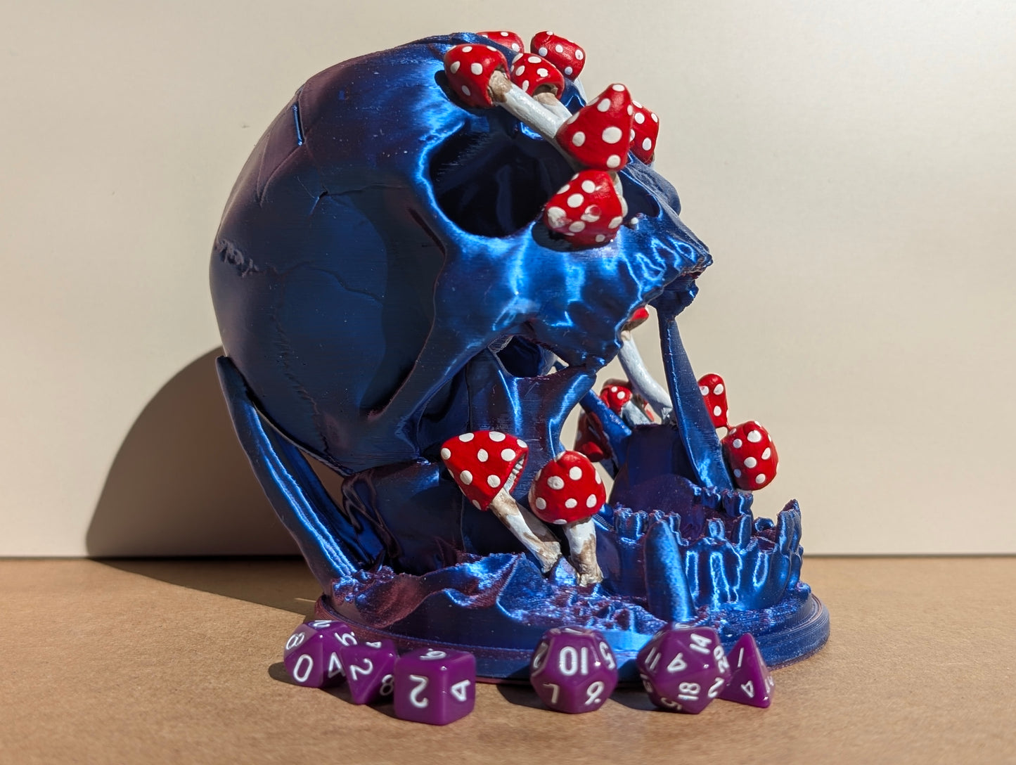 TTRPG accessories, miniature dice tower, skull in nature with shrooms. gift ideas for geeks & gamers