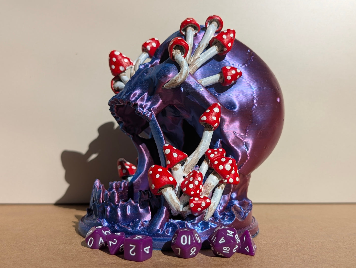TTRPG accessories, miniature dice tower, skull in nature with shrooms. gift ideas for geeks & gamers