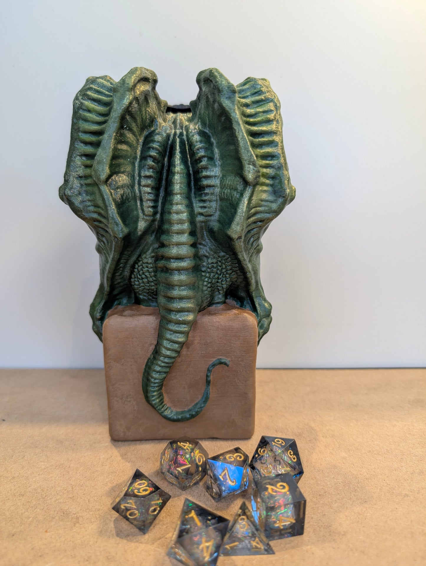 TTRPG accessories, Cthulhu dice tower with deep sea shimmer dice gift ideas for geeks & gamers