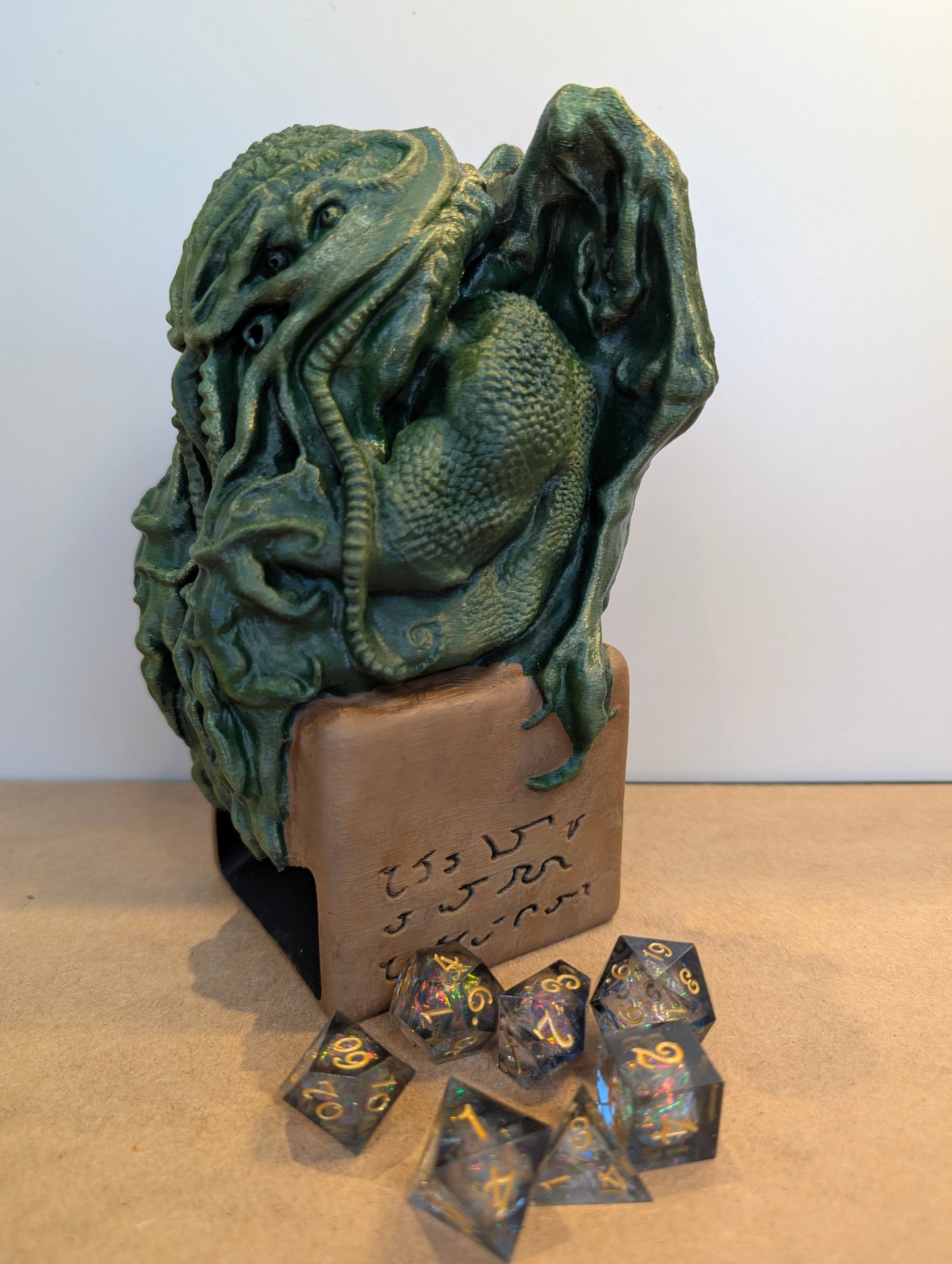 TTRPG accessories, Cthulhu dice tower with deep sea shimmer dice gift ideas for geeks & gamers
