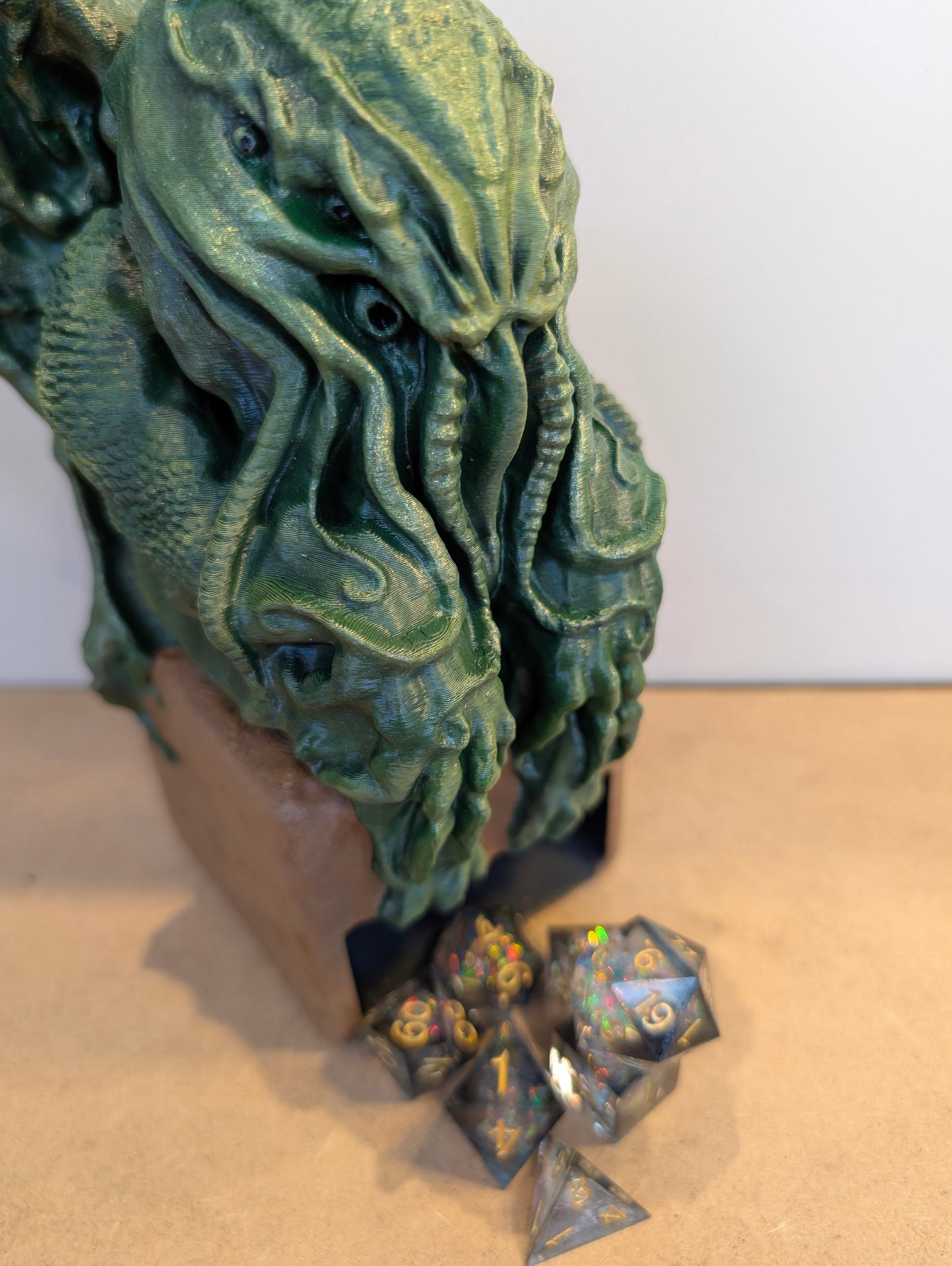 TTRPG accessories, Cthulhu dice tower with deep sea shimmer dice gift ideas for geeks & gamers