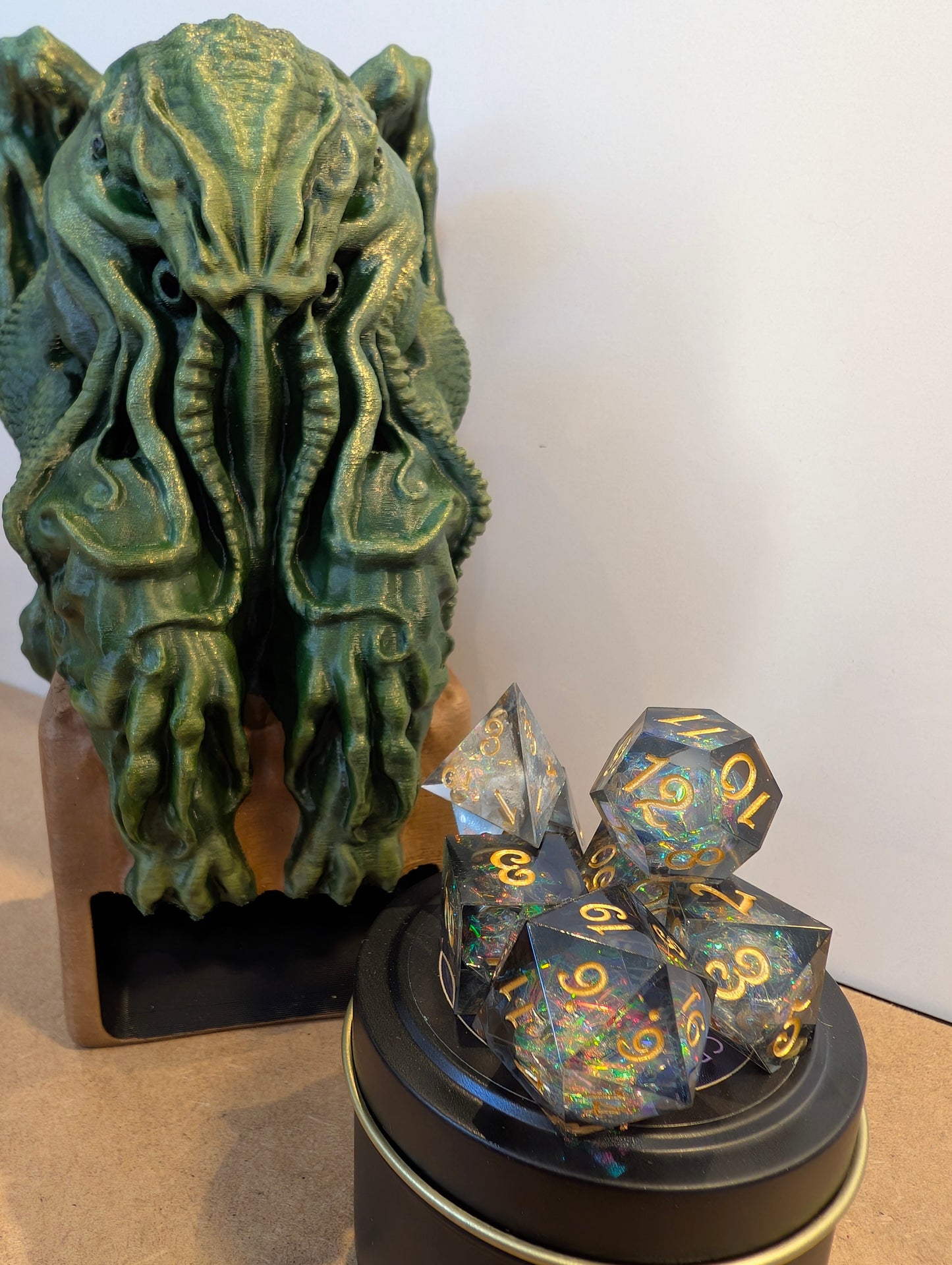 TTRPG accessories, Cthulhu dice tower with deep sea shimmer dice gift ideas for geeks & gamers