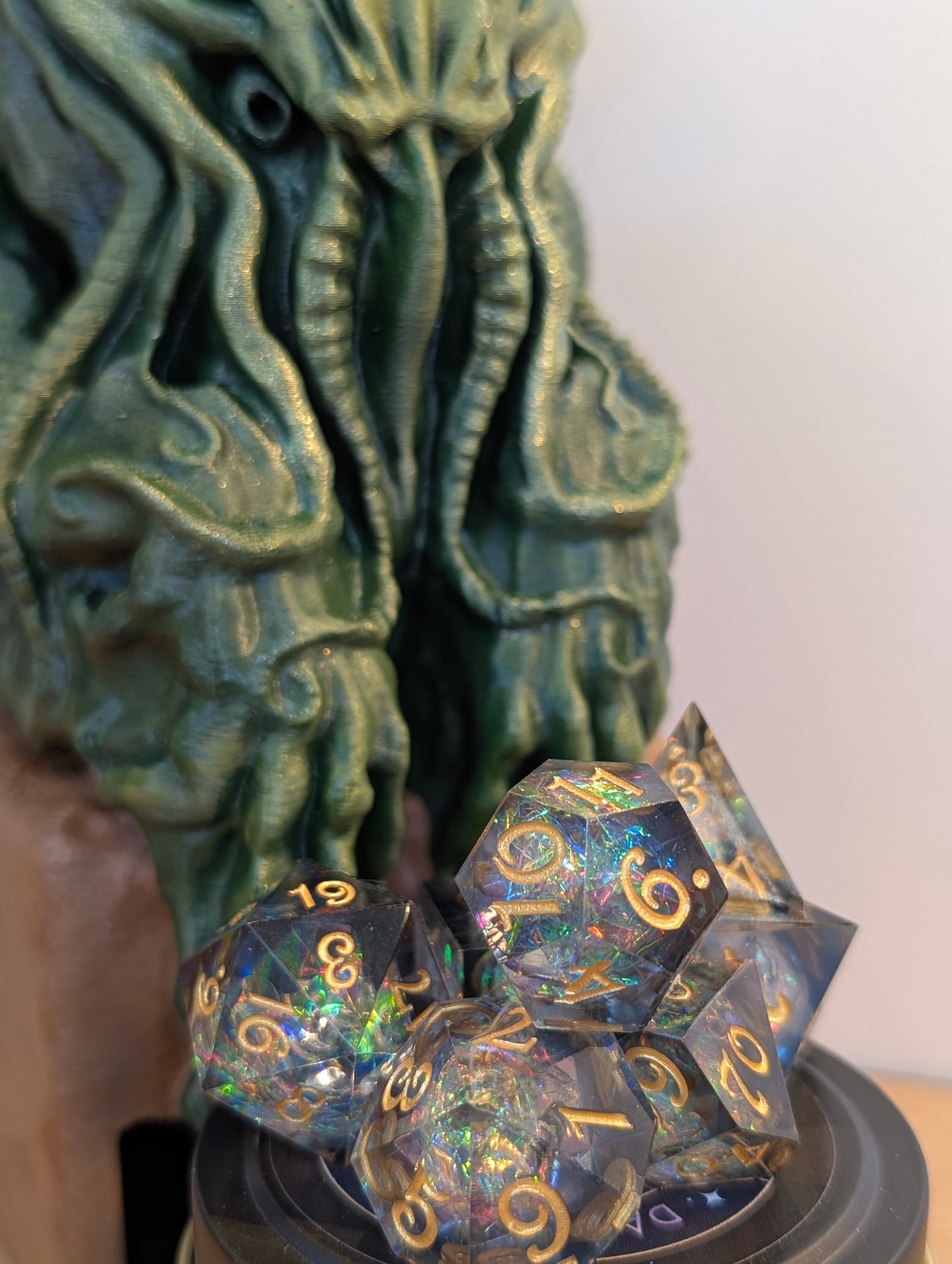 TTRPG accessories, Cthulhu dice tower with deep sea shimmer dice gift ideas for geeks & gamers