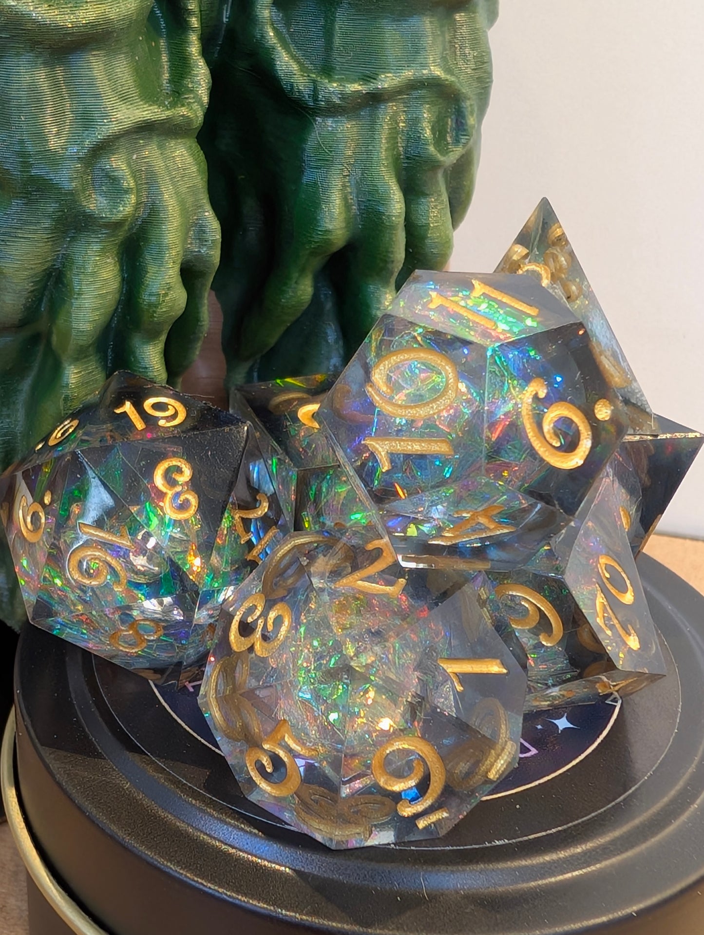 TTRPG accessories, Cthulhu dice tower with deep sea shimmer dice gift ideas for geeks & gamers