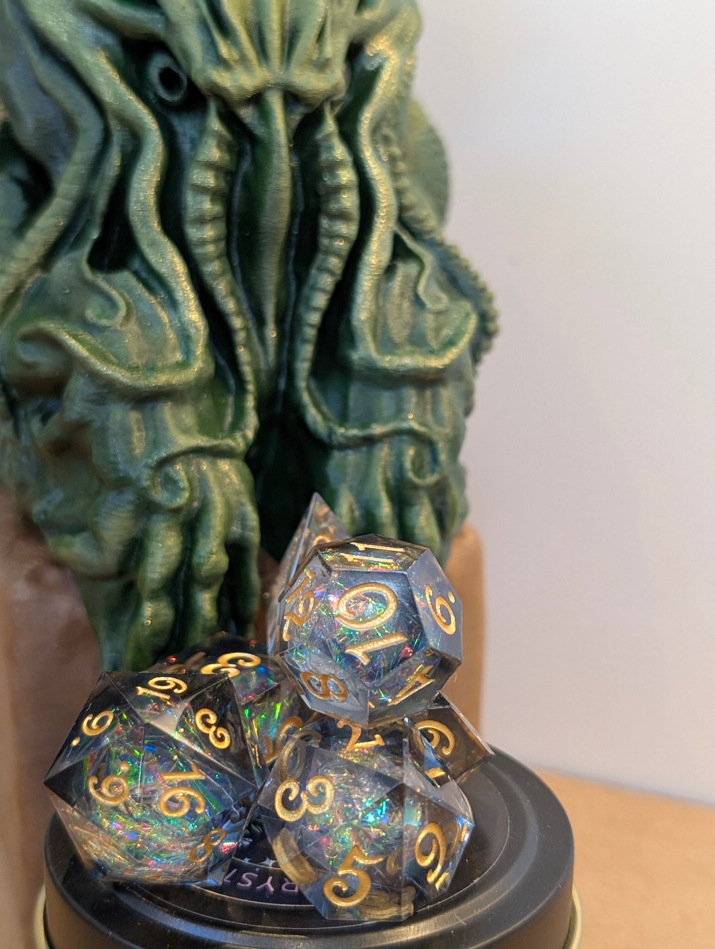TTRPG accessories, Cthulhu dice tower with deep sea shimmer dice gift ideas for geeks & gamers