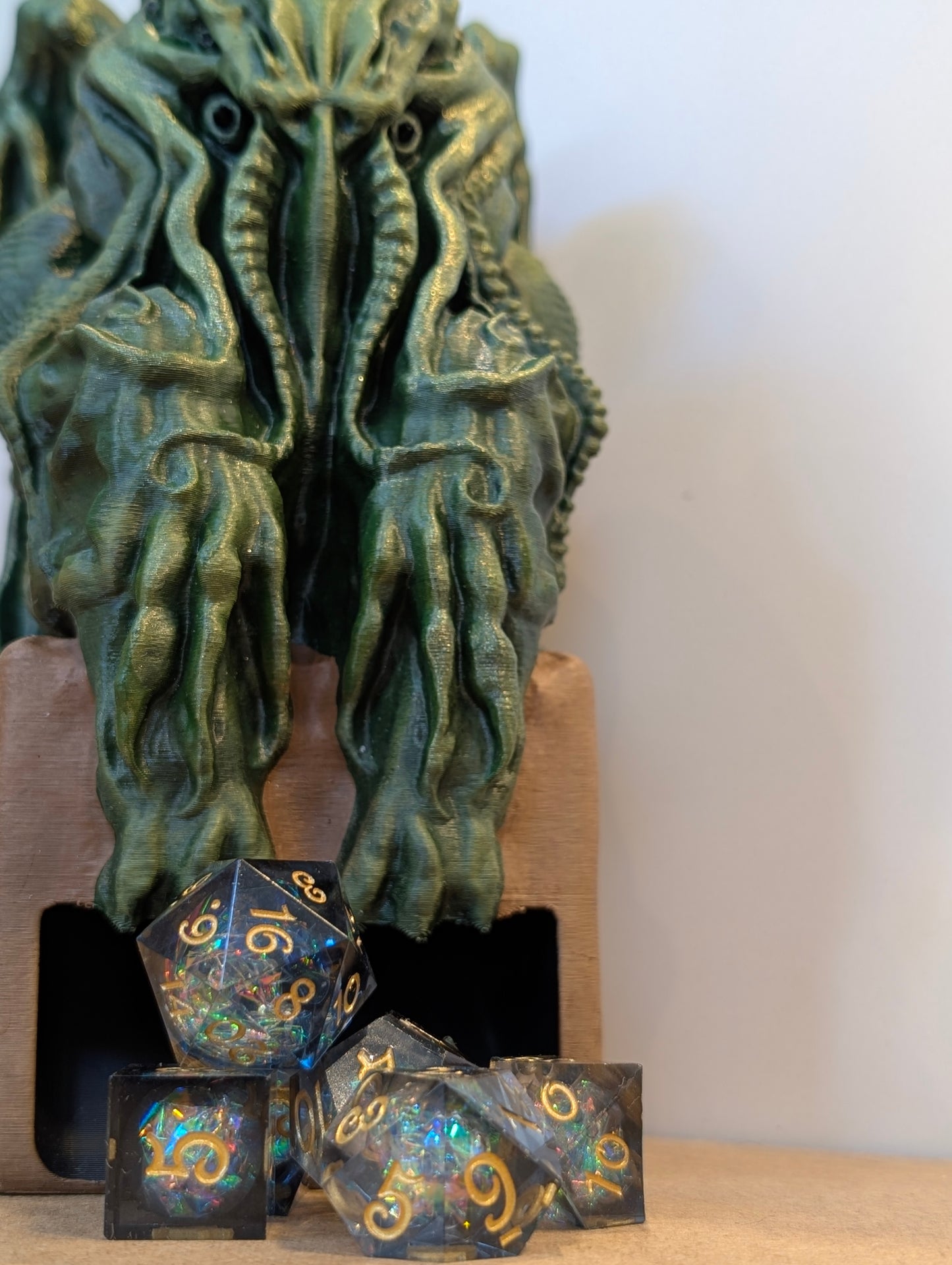 TTRPG accessories, Cthulhu dice tower with deep sea shimmer dice gift ideas for geeks & gamers