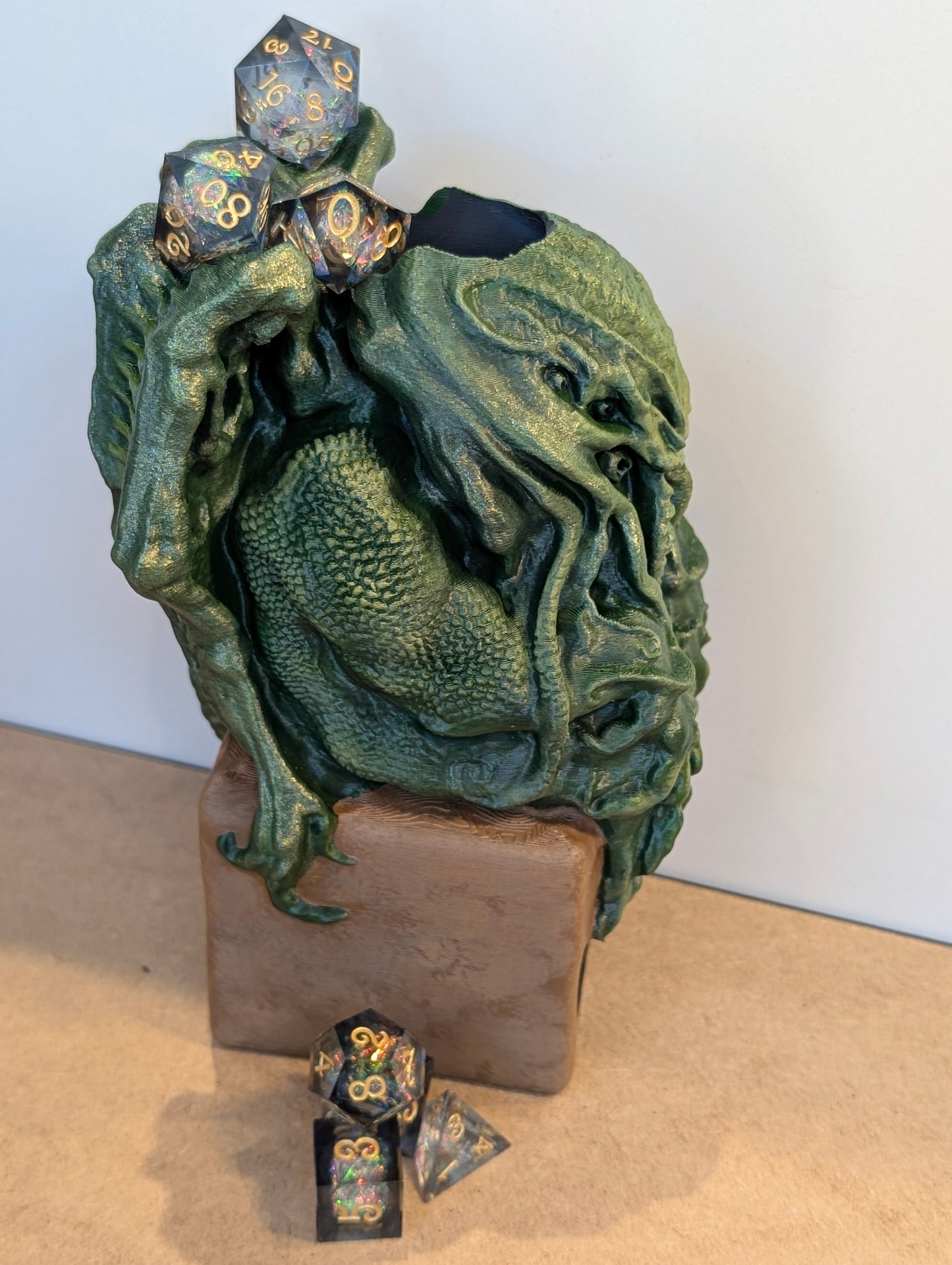 TTRPG accessories, Cthulhu dice tower with deep sea shimmer dice gift ideas for geeks & gamers