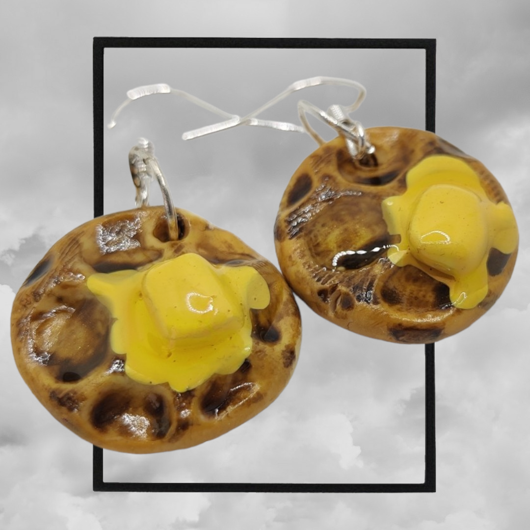 Fun topped American waffle polymer clay earrings - butter & maple syrup waffle