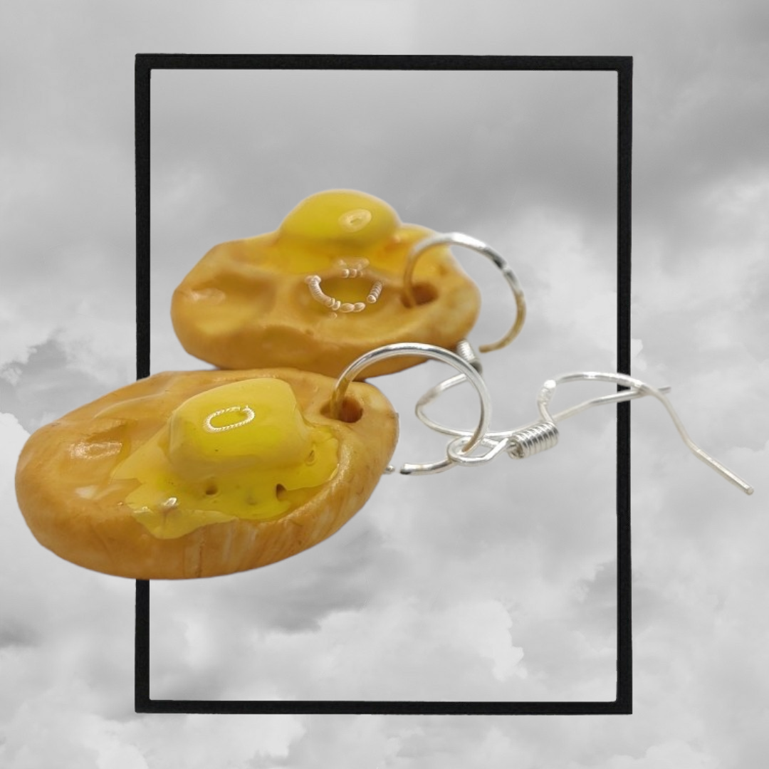 Fun topped American waffle polymer clay earrings - butter & syrup waffle