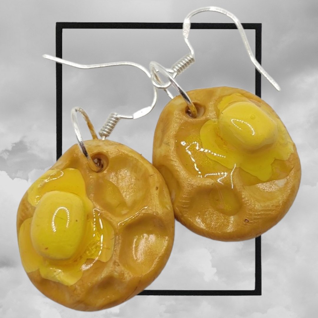 Fun topped American waffle polymer clay earrings - butter & syrup waffle