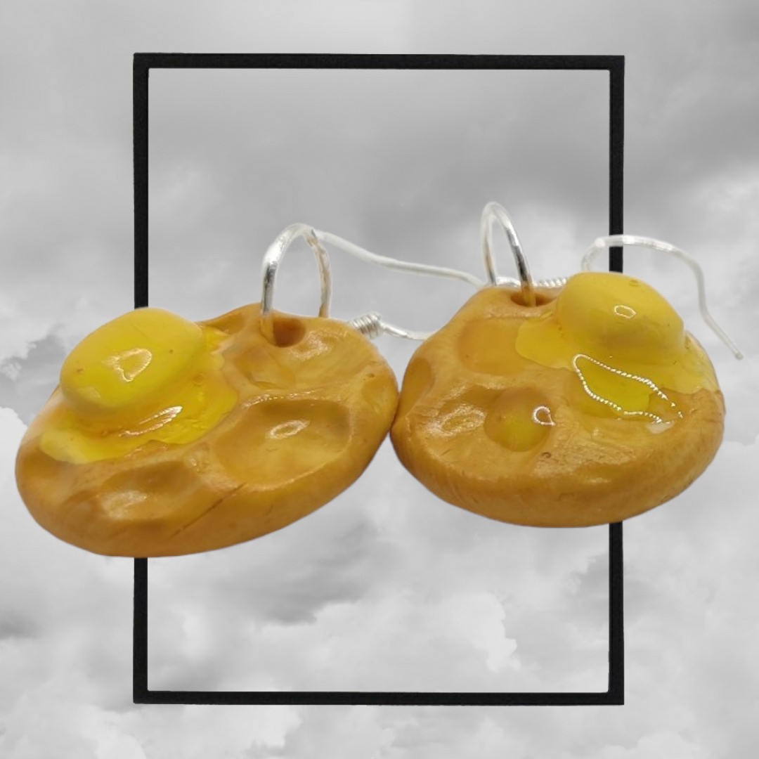 Fun topped American waffle polymer clay earrings - butter & syrup waffle