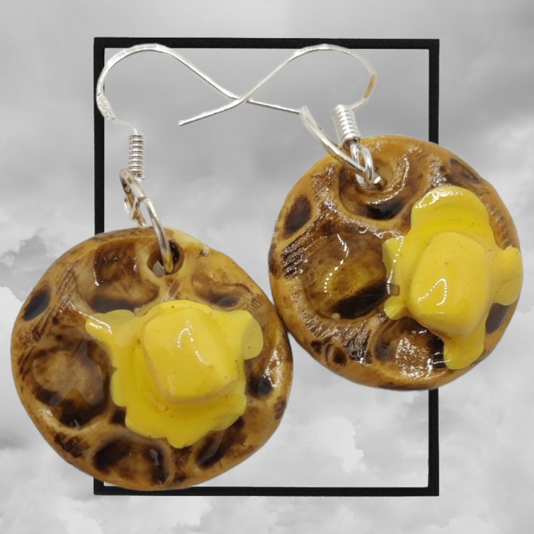 Fun topped American waffle polymer clay earrings - butter & maple syrup waffle