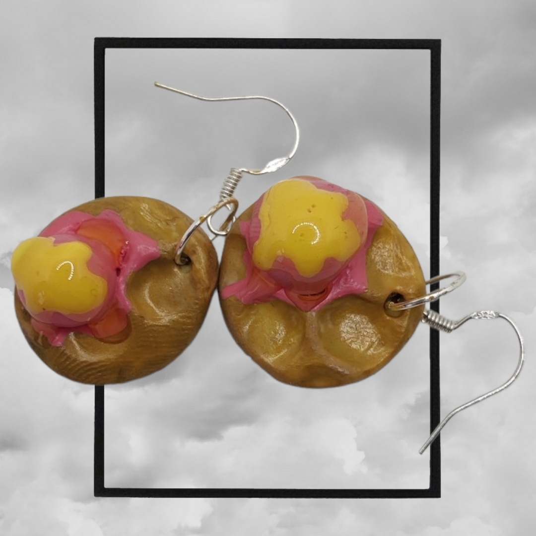Fun topped American waffle polymer clay earrings - ice cream waffle