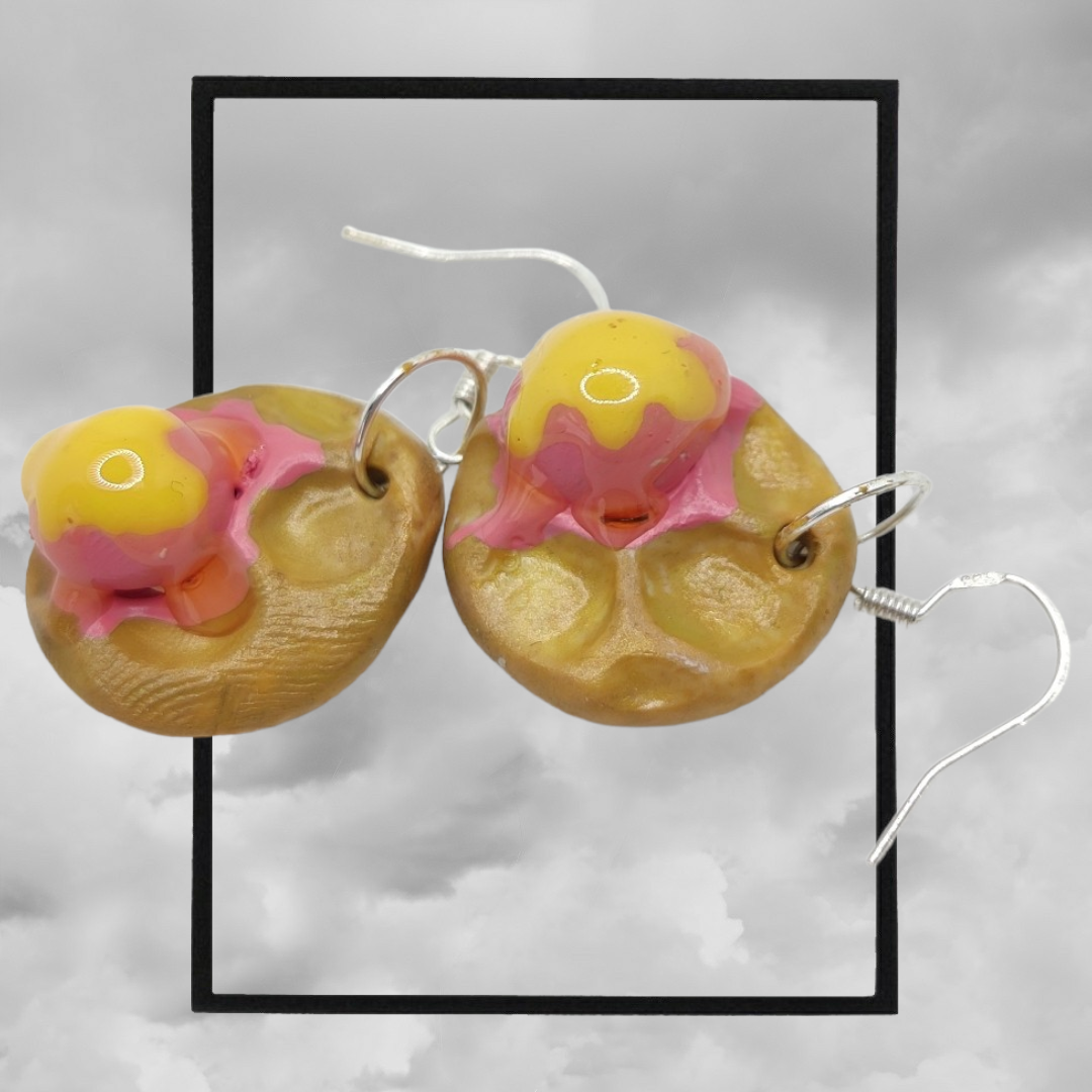 Fun topped American waffle polymer clay earrings - ice cream waffle